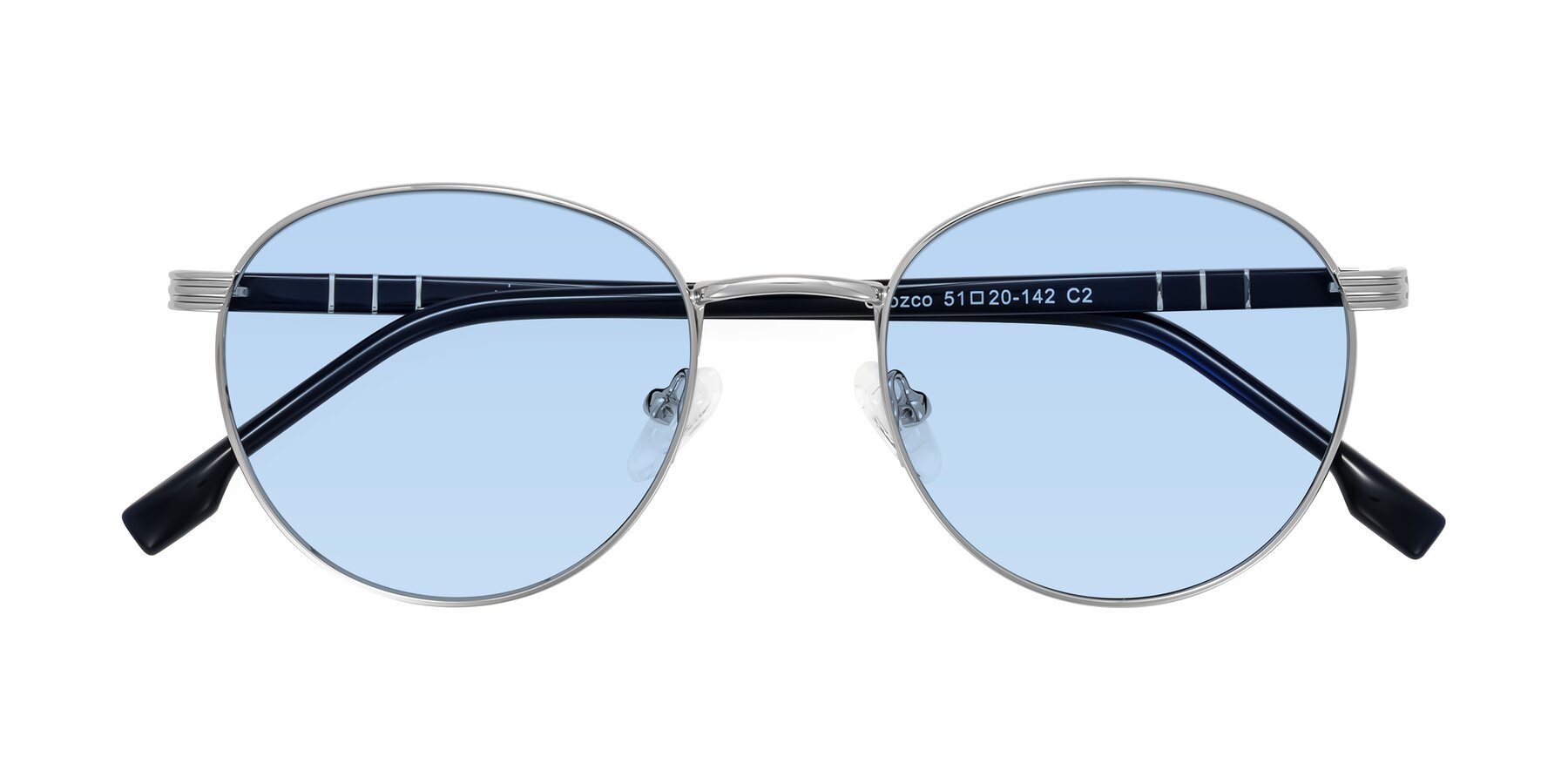 Folded Front of Orozco in Silver/Dark Blue with Light Blue Tinted Lenses