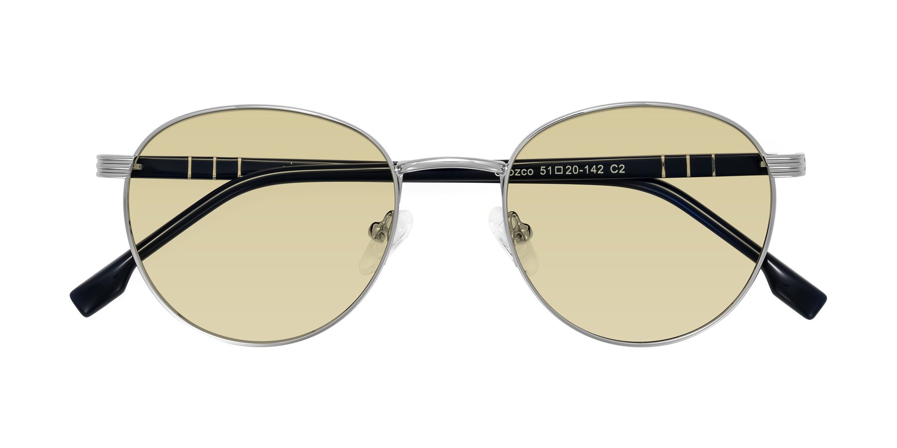 Folded Front of Orozco in Silver/Dark Blue with Light Champagne Tinted Lenses