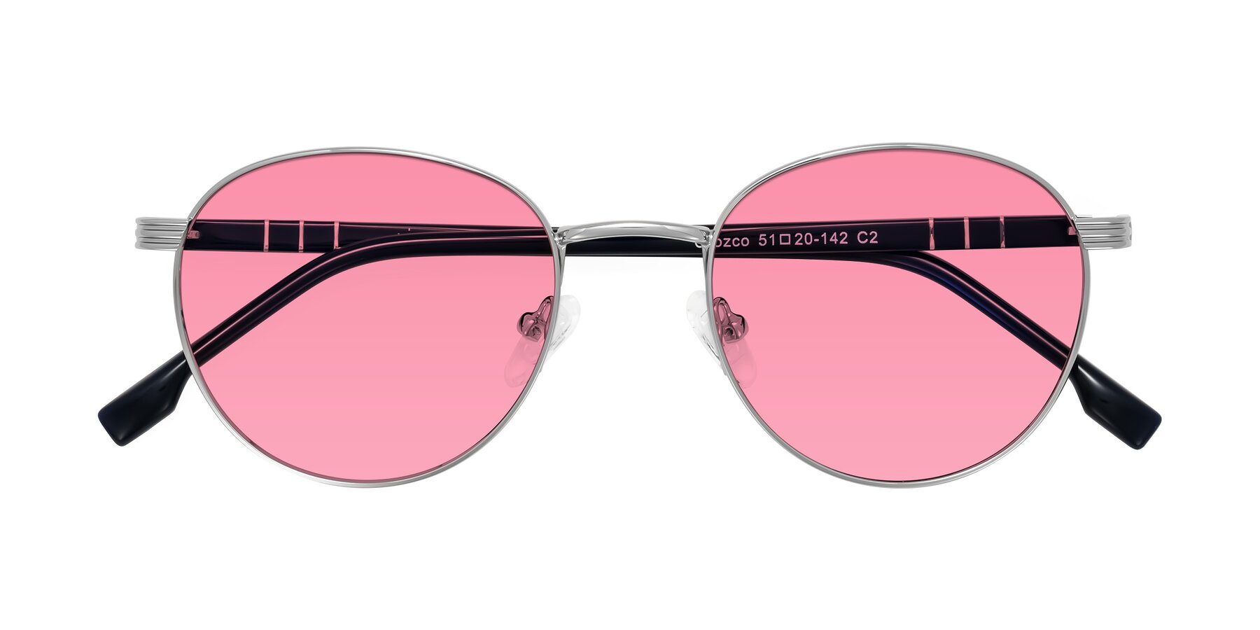 Folded Front of Orozco in Silver/Dark Blue with Pink Tinted Lenses