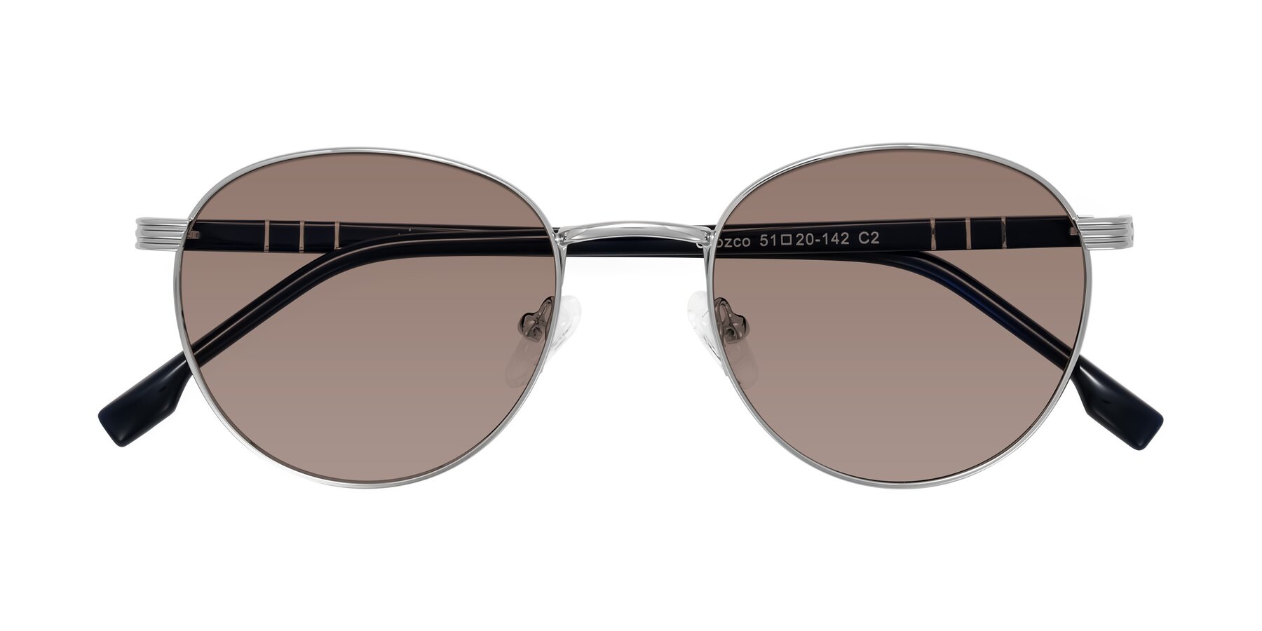Folded Front of Orozco in Silver/Dark Blue with Medium Brown Tinted Lenses