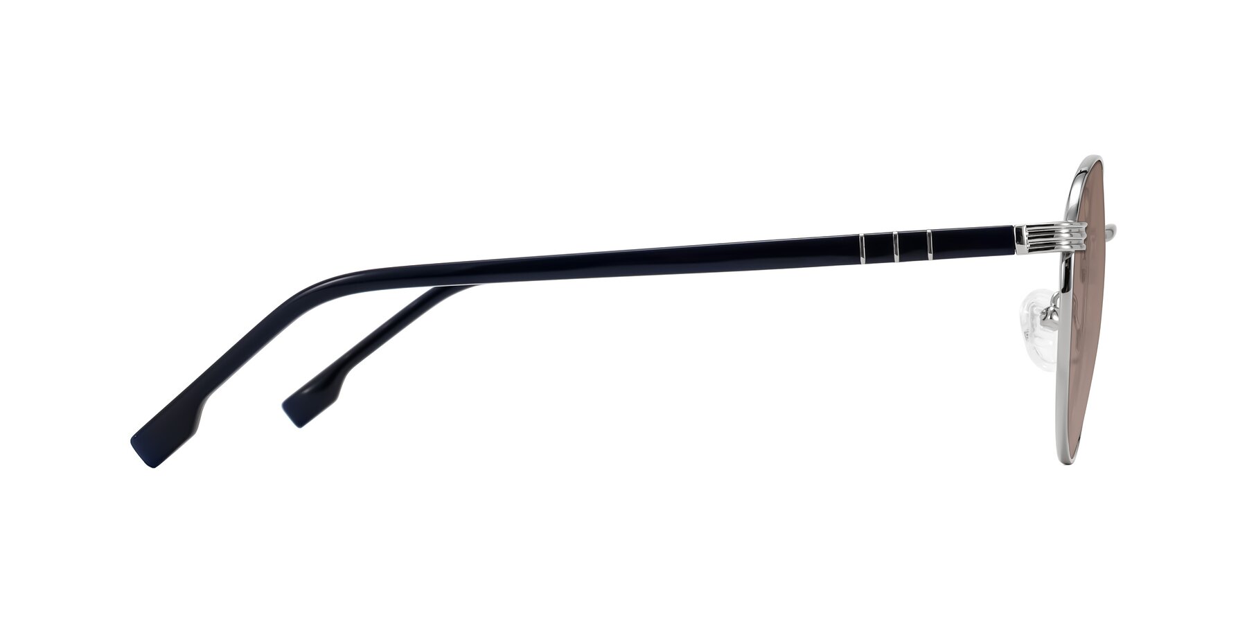 Side of Orozco in Silver/Dark Blue with Medium Brown Tinted Lenses