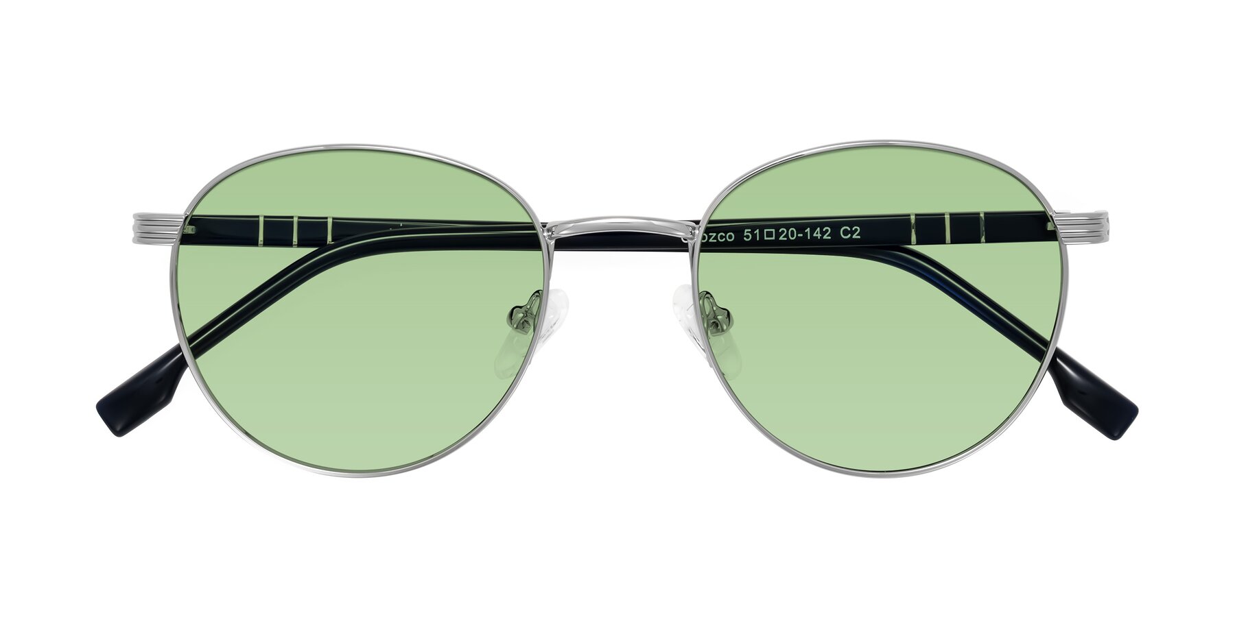 Folded Front of Orozco in Silver/Dark Blue with Medium Green Tinted Lenses