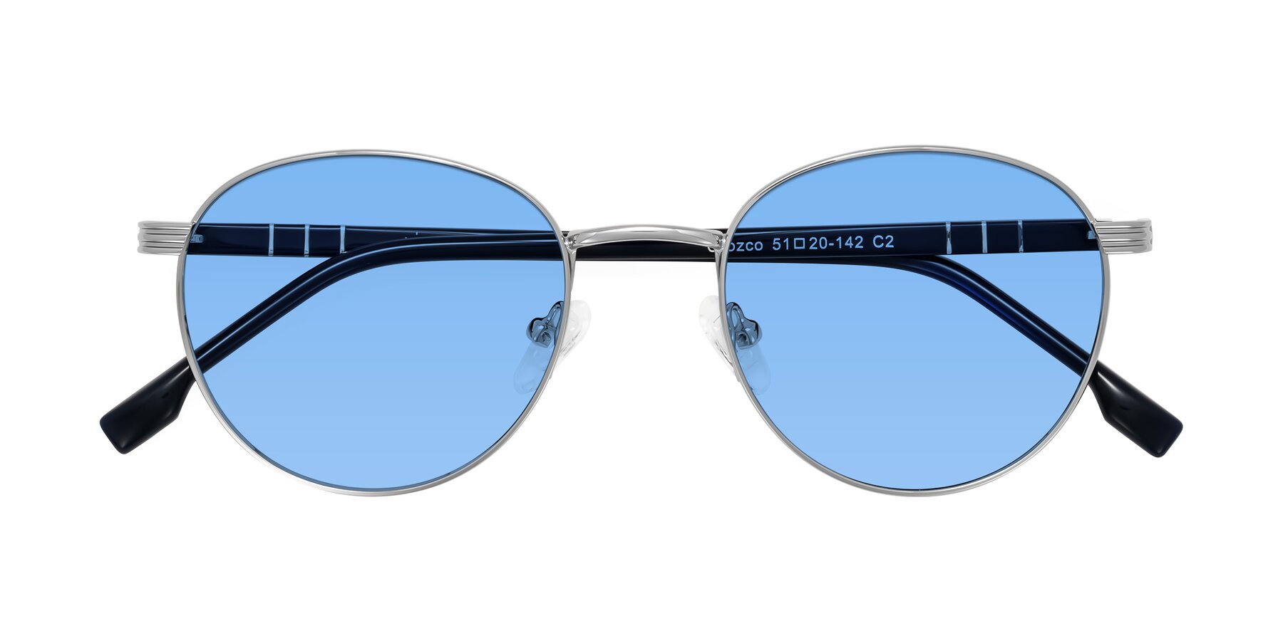 Folded Front of Orozco in Silver/Dark Blue with Medium Blue Tinted Lenses