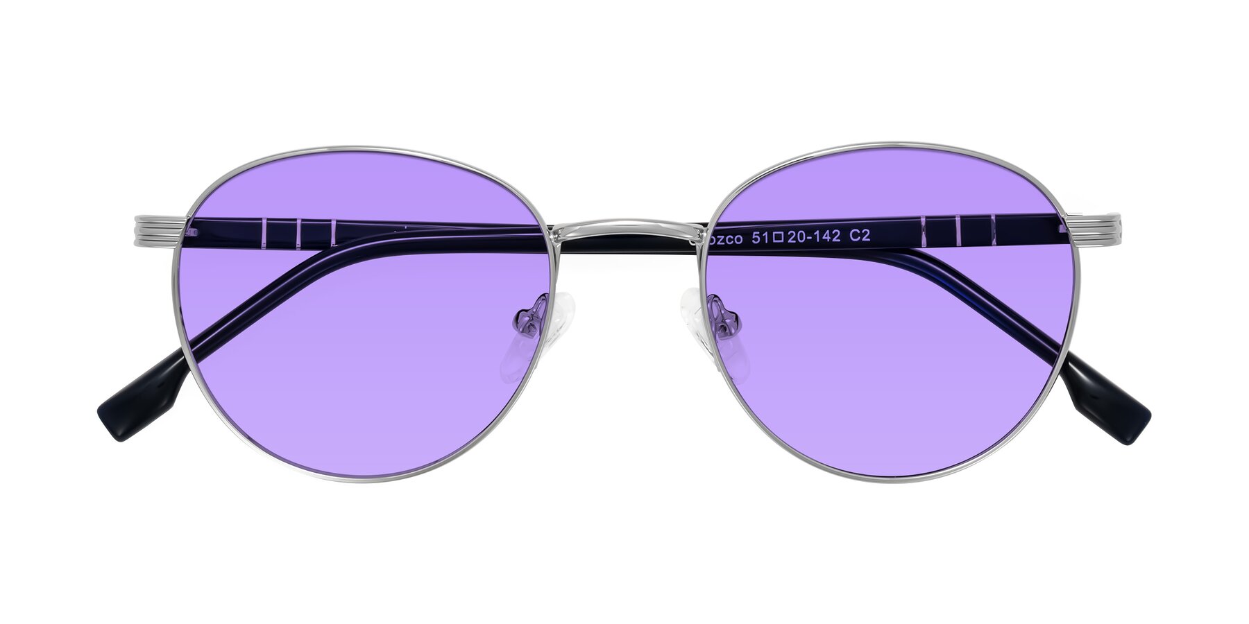 Folded Front of Orozco in Silver/Dark Blue with Medium Purple Tinted Lenses