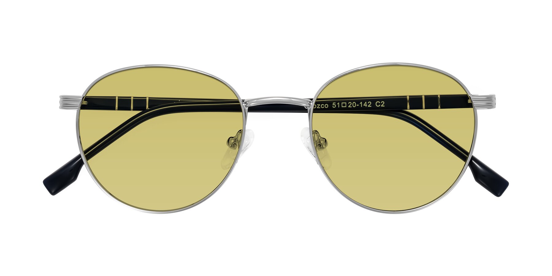 Folded Front of Orozco in Silver/Dark Blue with Medium Champagne Tinted Lenses