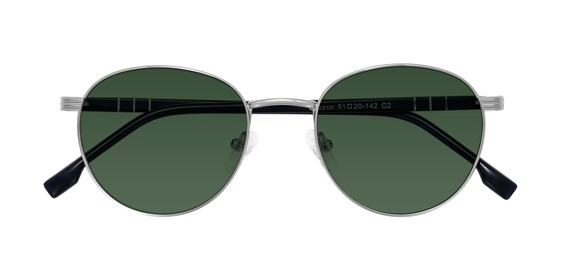 Folded Front of Orozco in Silver/Dark Blue with Green Tinted Lenses