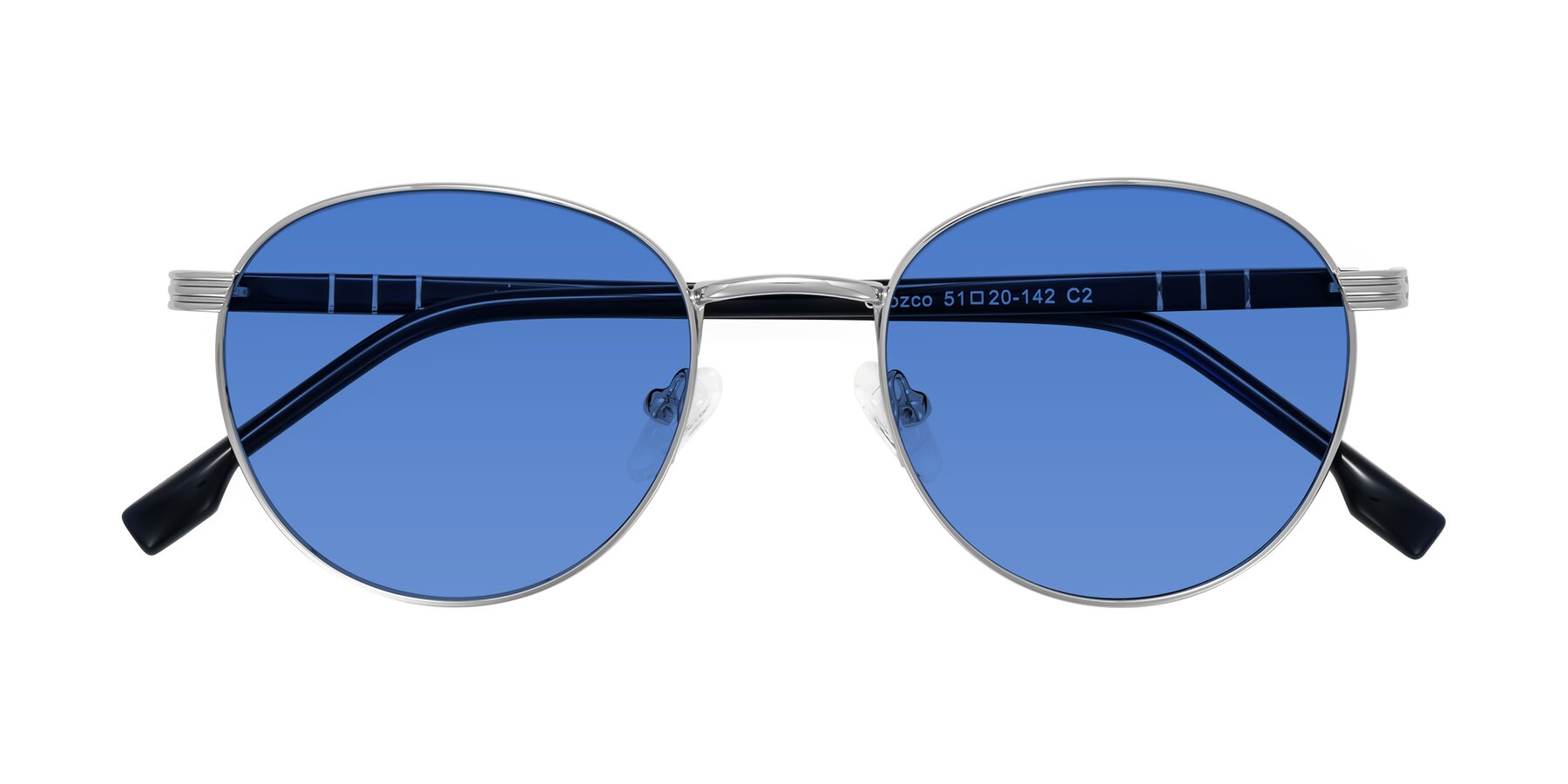 Folded Front of Orozco in Silver/Dark Blue with Blue Tinted Lenses