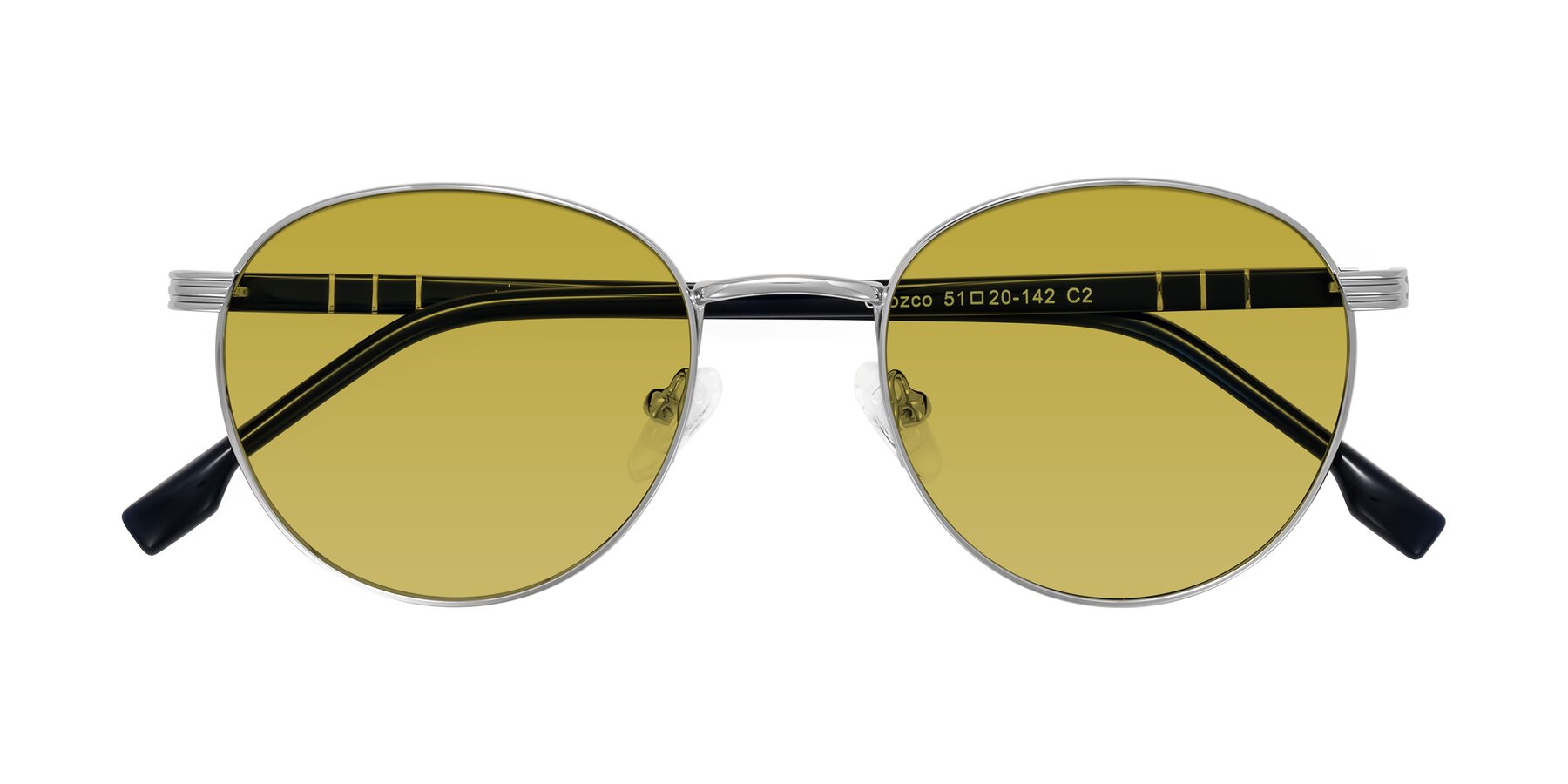 Folded Front of Orozco in Silver/Dark Blue with Champagne Tinted Lenses