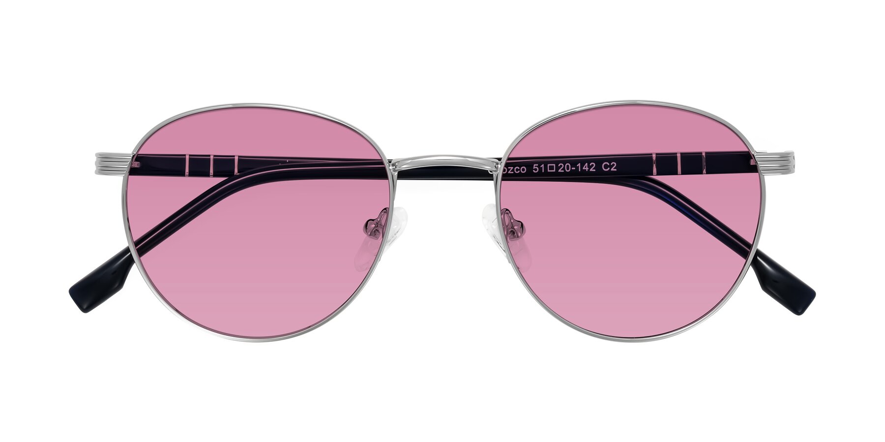 Folded Front of Orozco in Silver/Dark Blue with Medium Wine Tinted Lenses