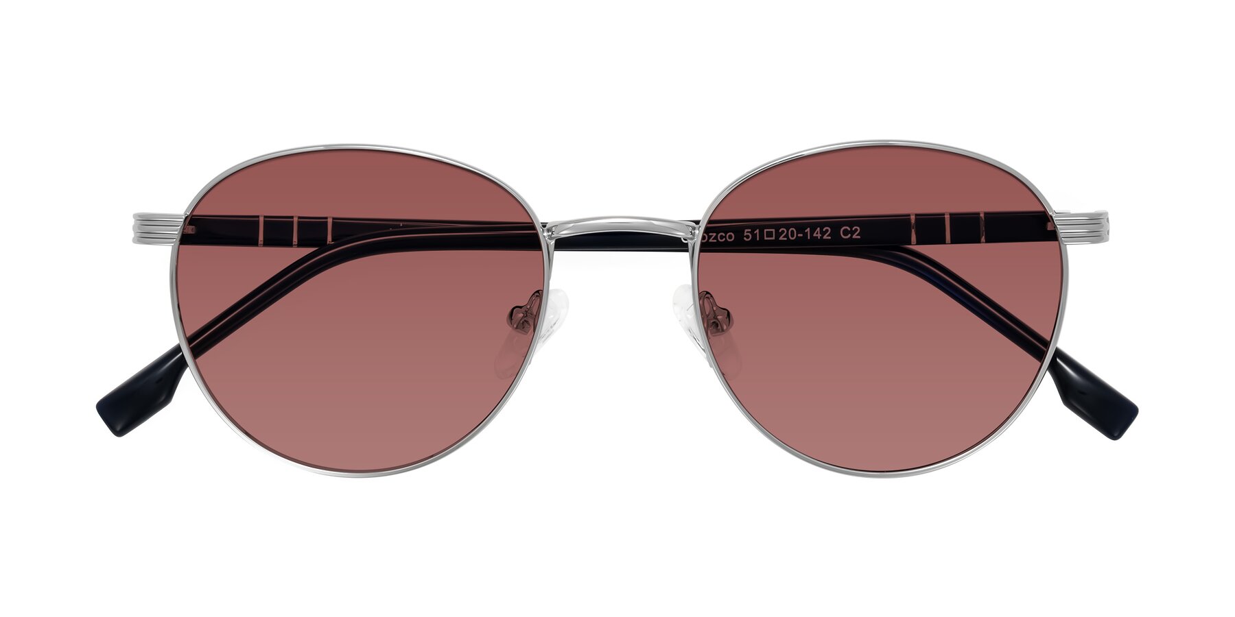Folded Front of Orozco in Silver/Dark Blue with Garnet Tinted Lenses