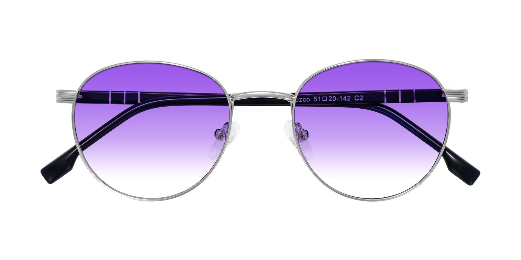 Folded Front of Orozco in Silver/Dark Blue with Purple Gradient Lenses