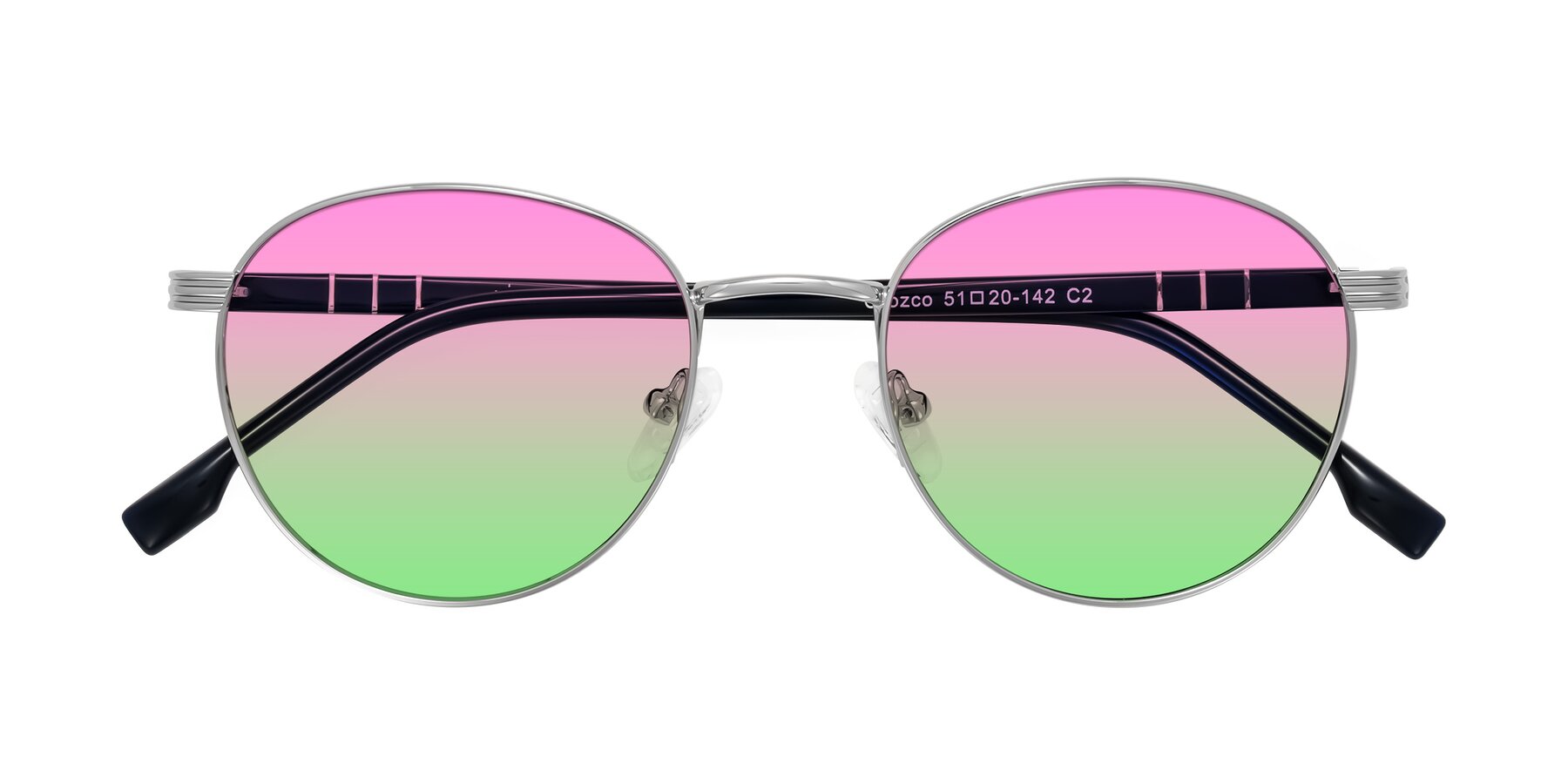 Folded Front of Orozco in Silver/Dark Blue with Pink / Green Gradient Lenses