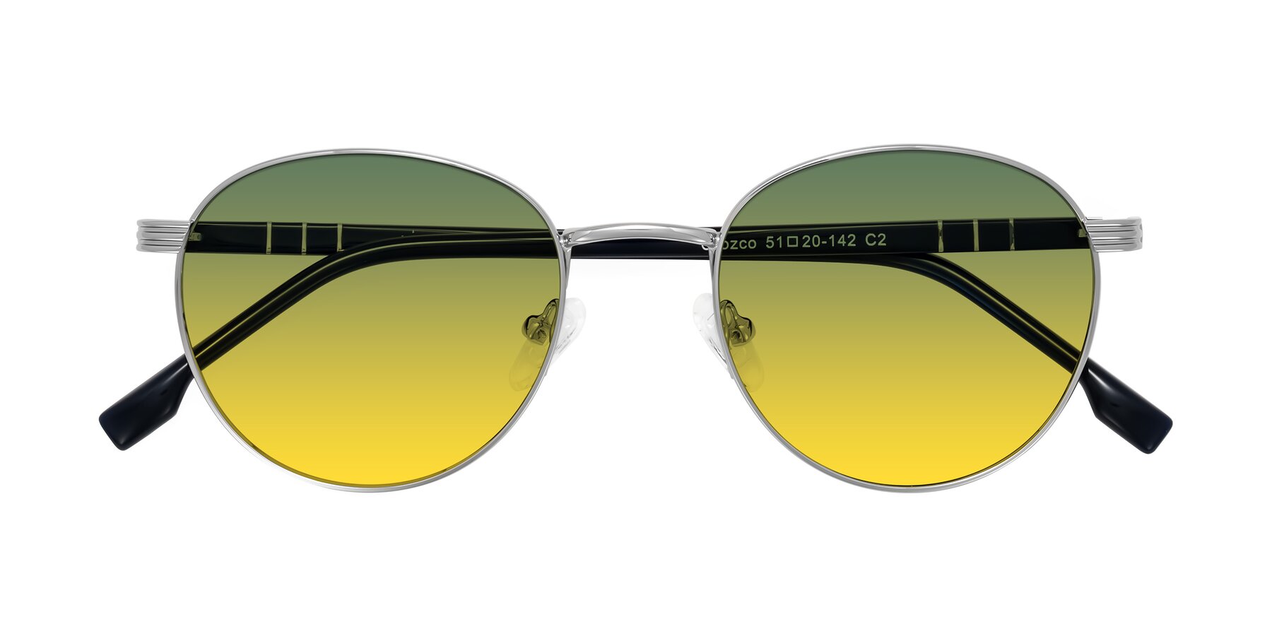 Folded Front of Orozco in Silver/Dark Blue with Green / Yellow Gradient Lenses