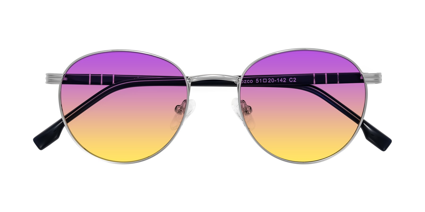 Folded Front of Orozco in Silver/Dark Blue with Purple / Yellow Gradient Lenses