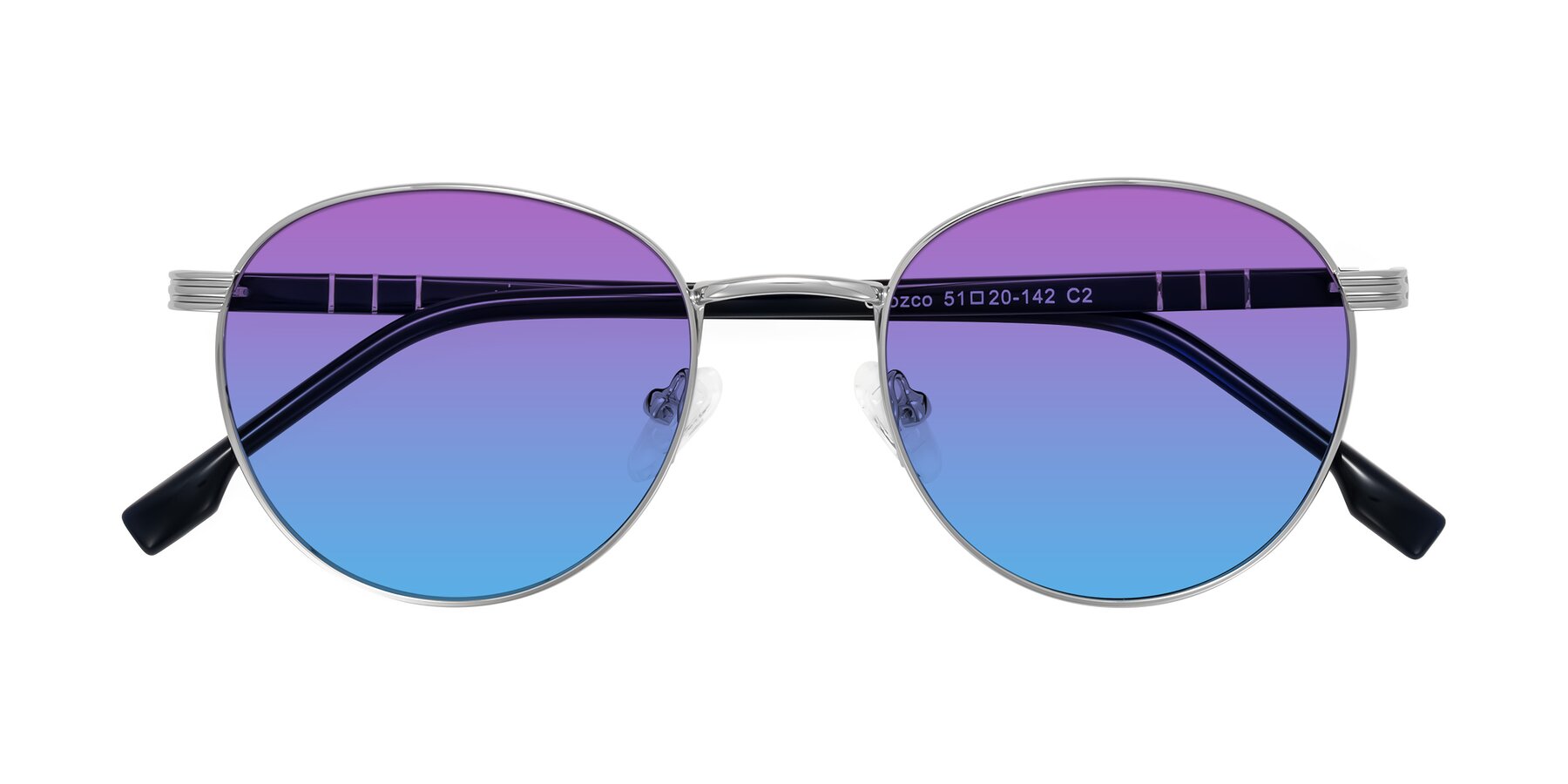Folded Front of Orozco in Silver/Dark Blue with Purple / Blue Gradient Lenses
