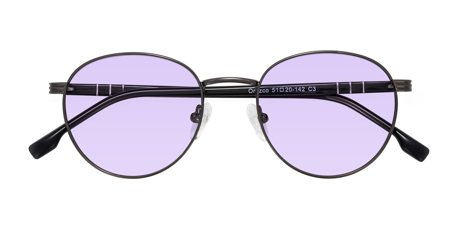 Folded Front of Orozco in Gunmetal/Dark Gray with Light Purple Tinted Lenses