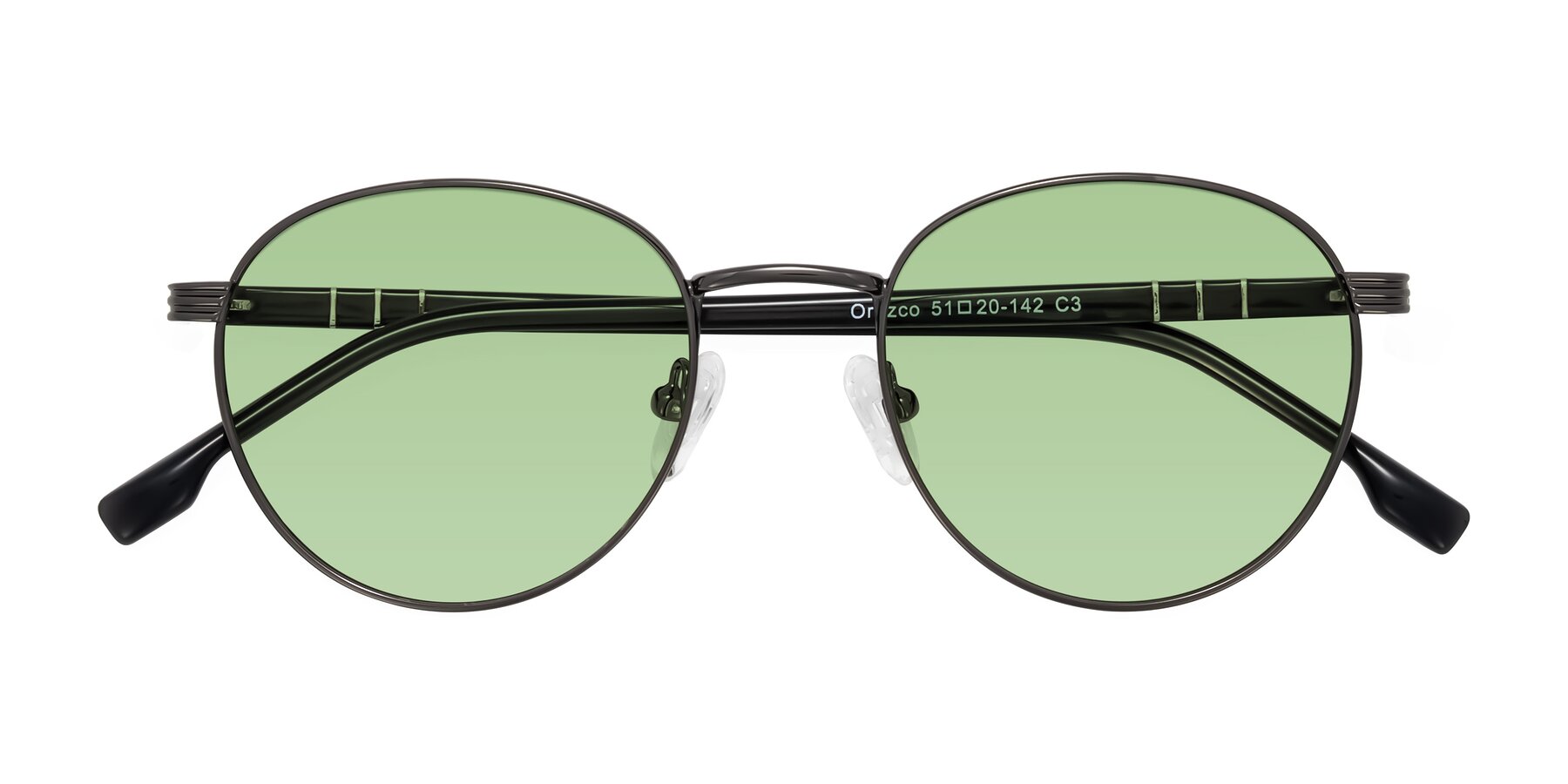 Folded Front of Orozco in Gunmetal/Dark Gray with Medium Green Tinted Lenses