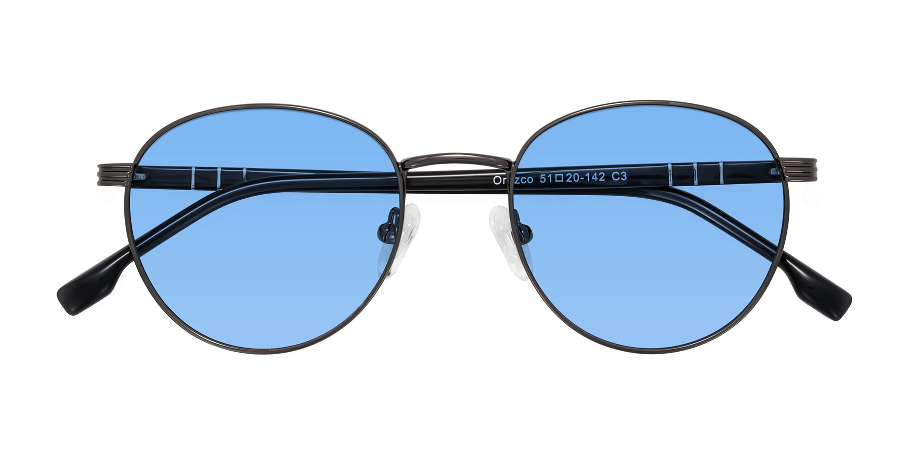 Folded Front of Orozco in Gunmetal/Dark Gray with Medium Blue Tinted Lenses