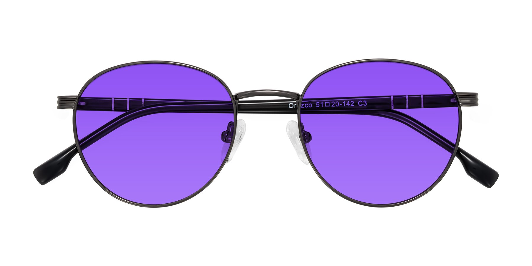 Folded Front of Orozco in Gunmetal/Dark Gray with Purple Tinted Lenses