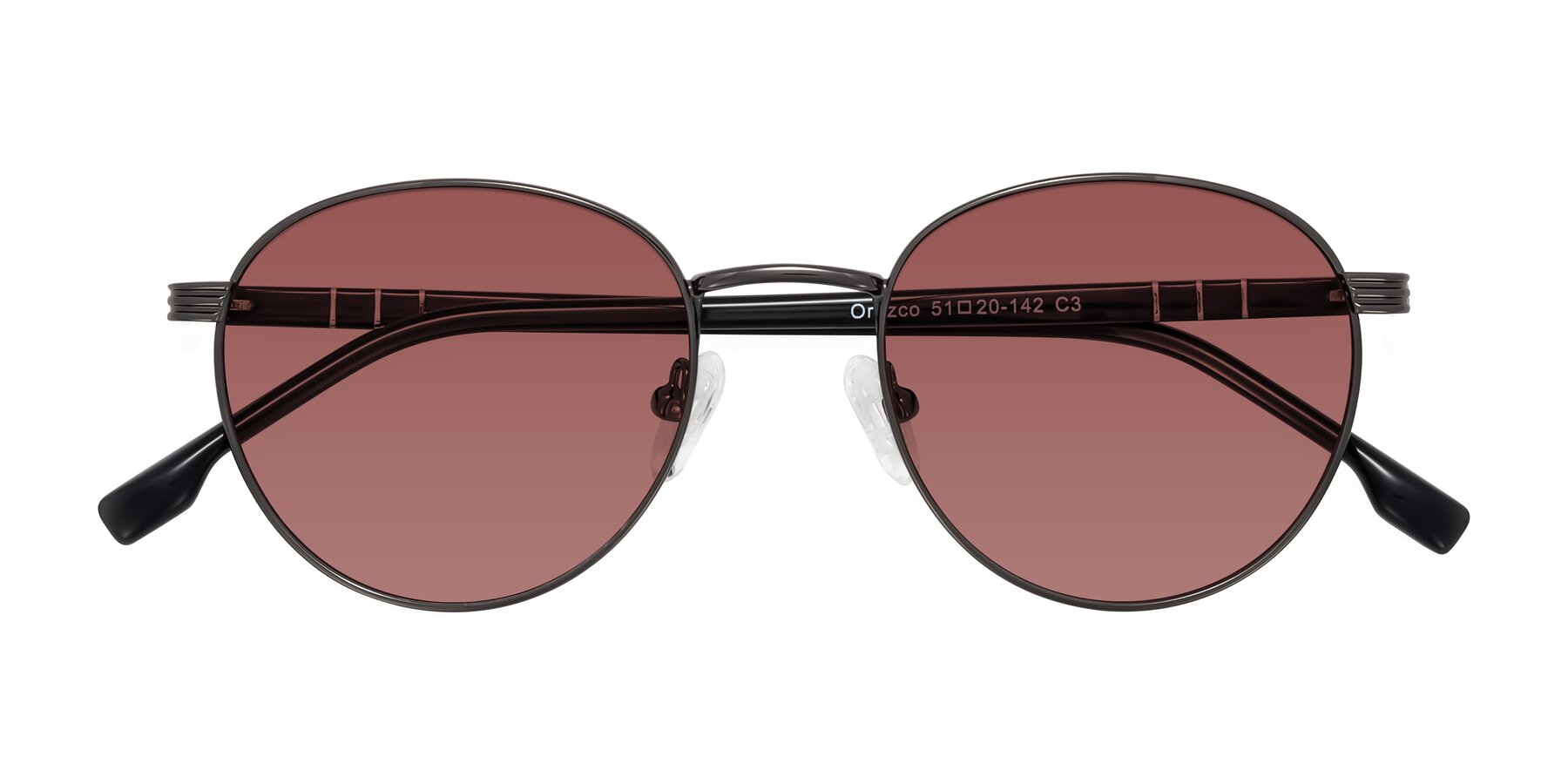 Folded Front of Orozco in Gunmetal/Dark Gray with Garnet Tinted Lenses