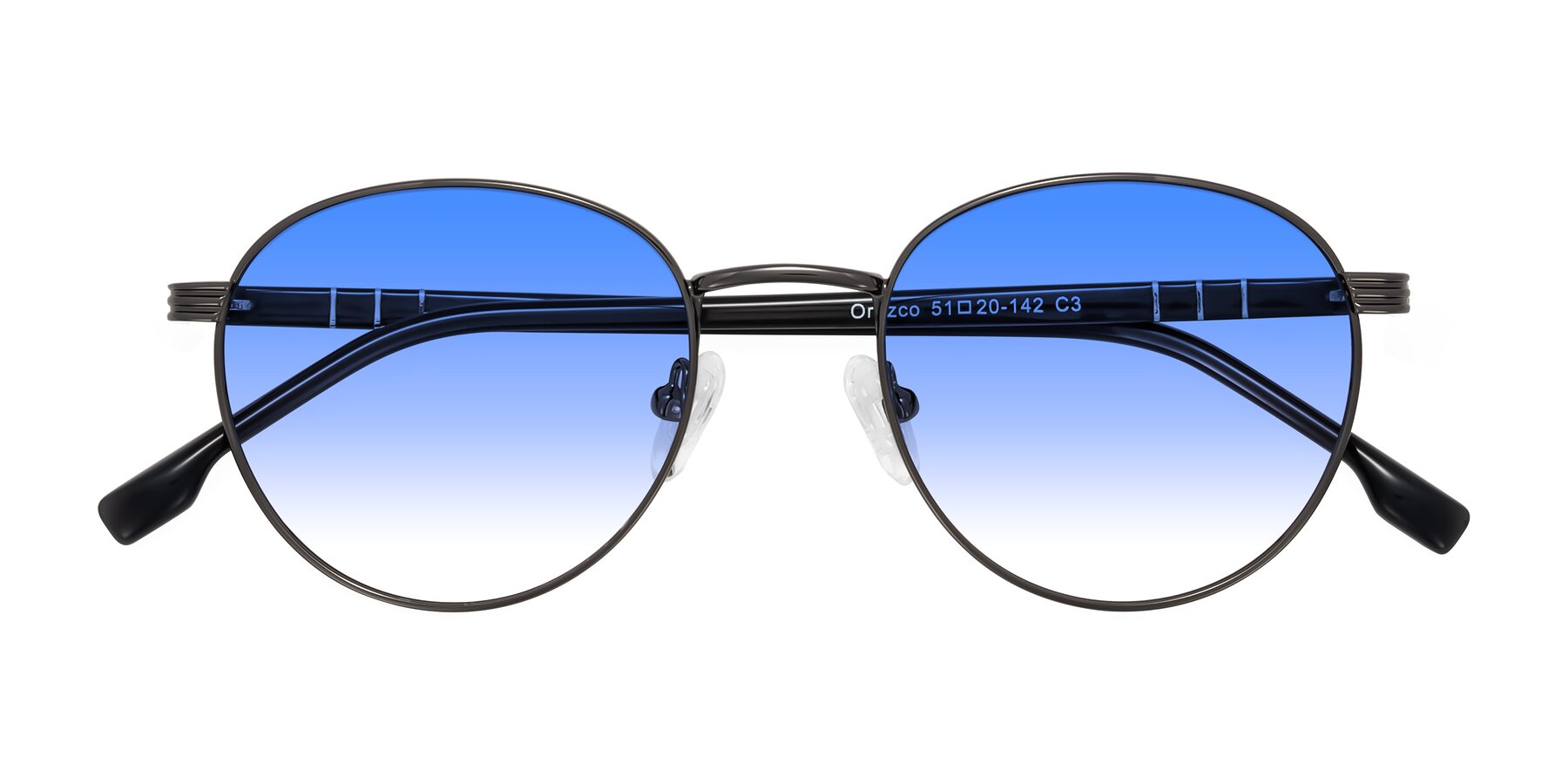 Folded Front of Orozco in Gunmetal/Dark Gray with Blue Gradient Lenses