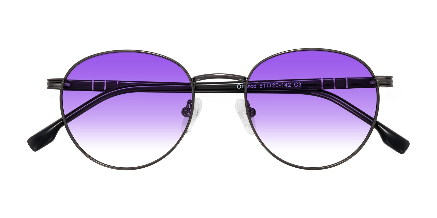 Folded Front of Orozco in Gunmetal/Dark Gray with Purple Gradient Lenses
