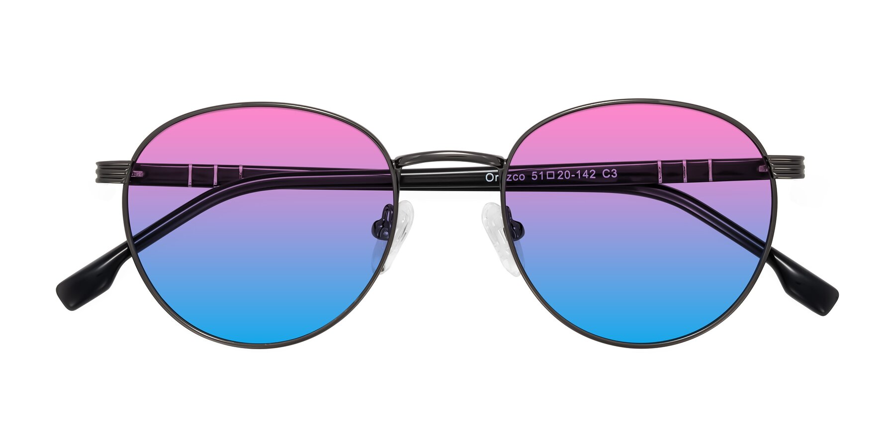 Folded Front of Orozco in Gunmetal/Dark Gray with Pink / Blue Gradient Lenses