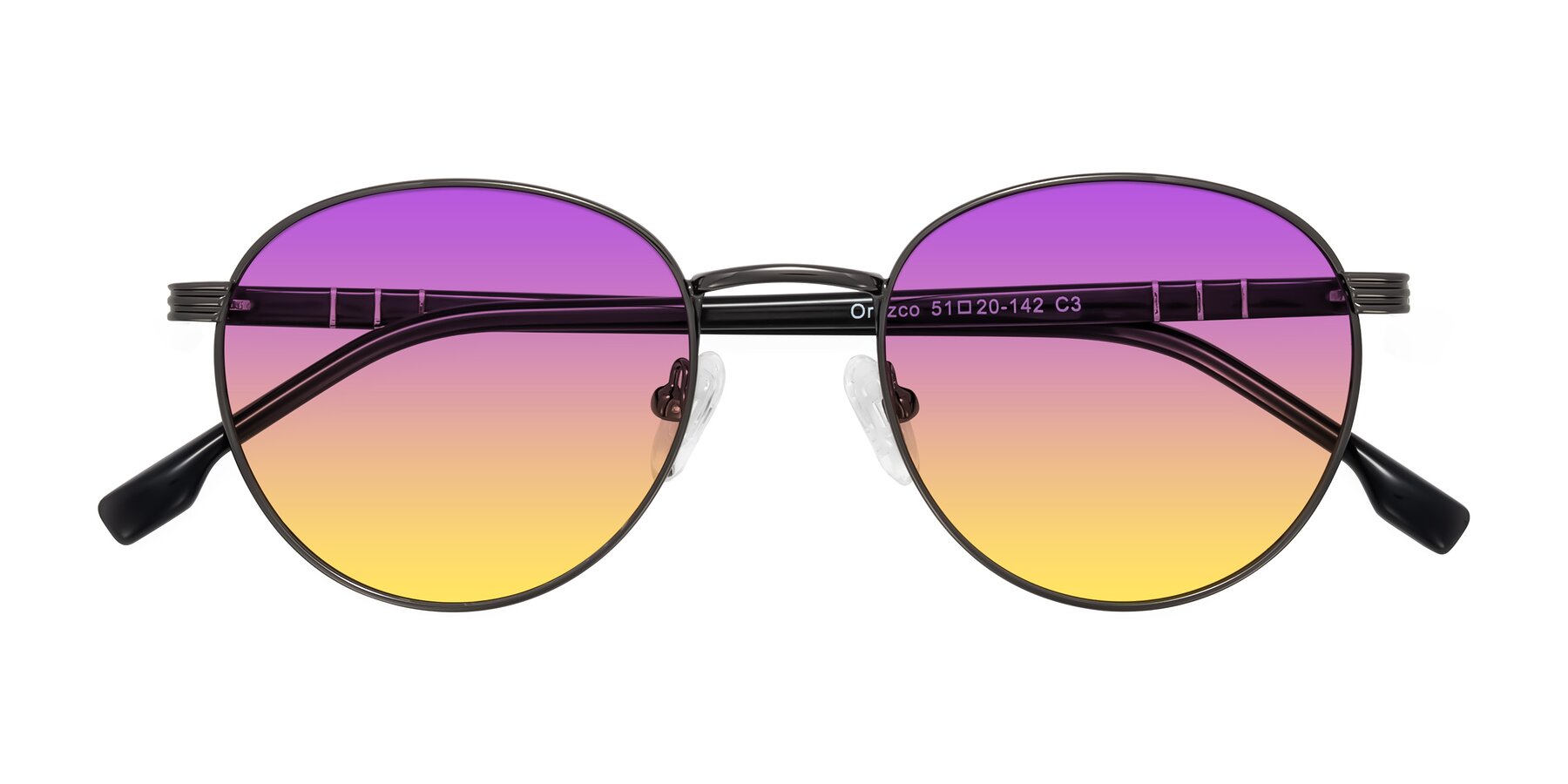 Folded Front of Orozco in Gunmetal/Dark Gray with Purple / Yellow Gradient Lenses