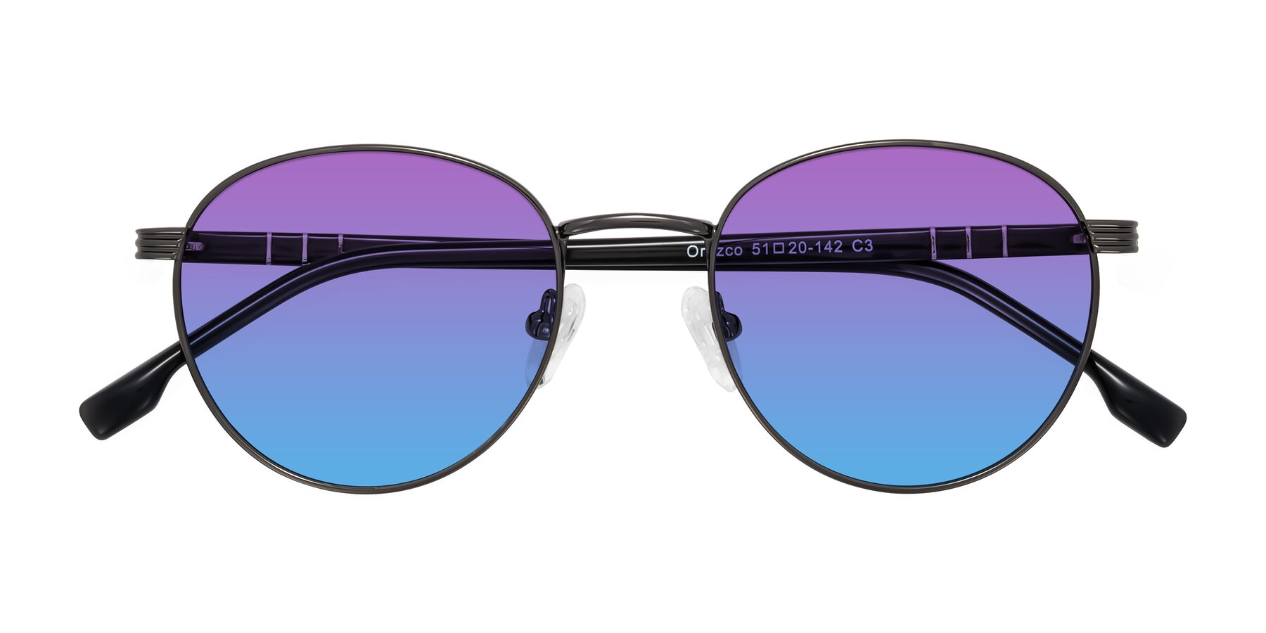 Folded Front of Orozco in Gunmetal/Dark Gray with Purple / Blue Gradient Lenses