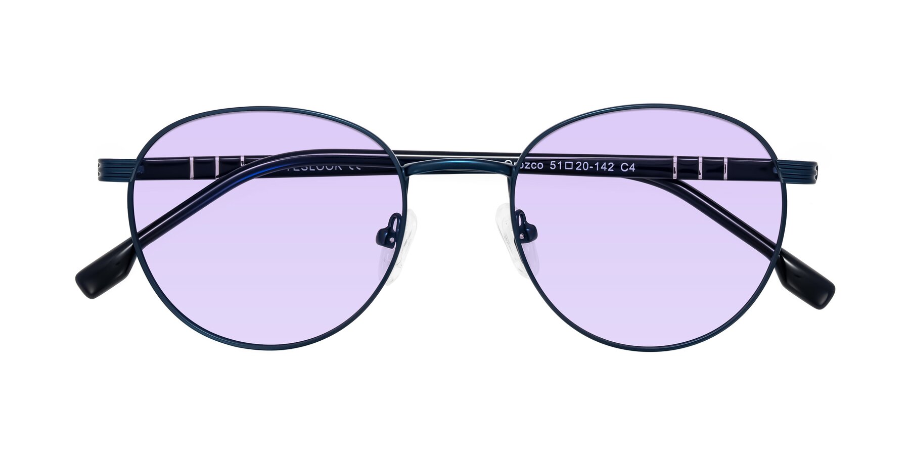Folded Front of Orozco in Matte Blue/Blue with Light Purple Tinted Lenses