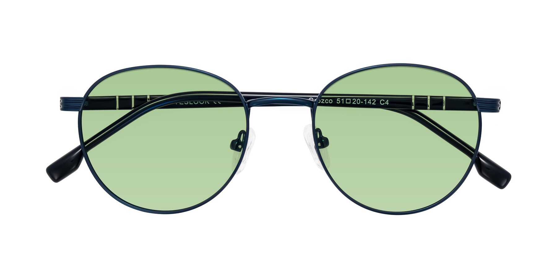 Folded Front of Orozco in Matte Blue/Blue with Medium Green Tinted Lenses
