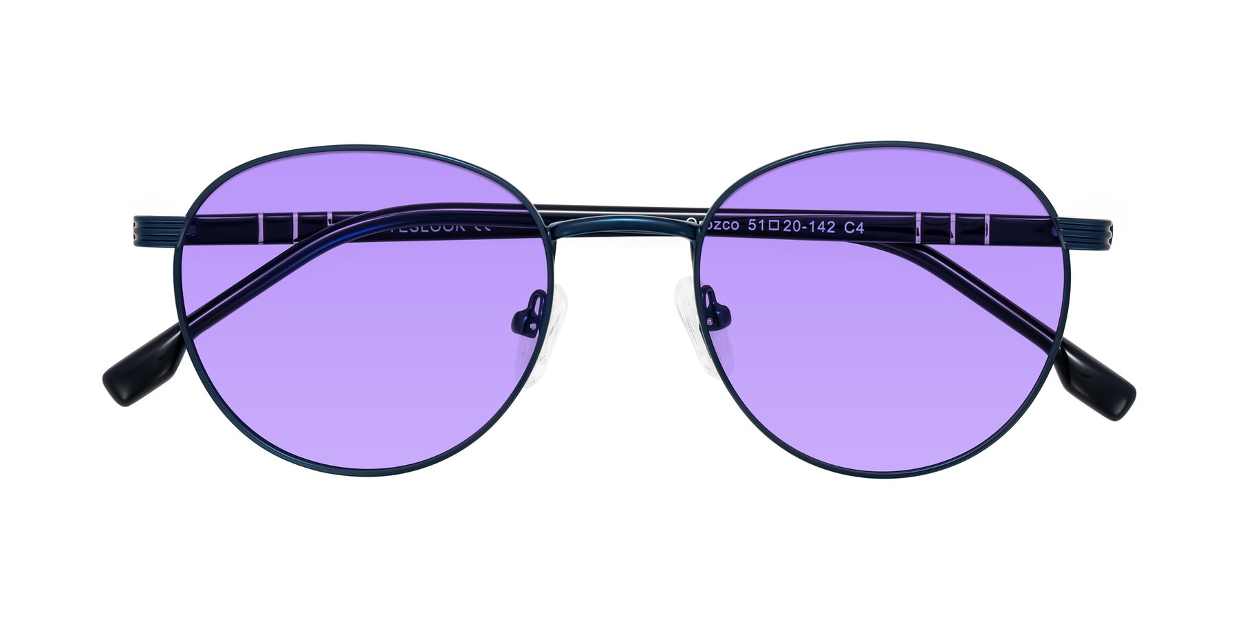 Folded Front of Orozco in Matte Blue/Blue with Medium Purple Tinted Lenses