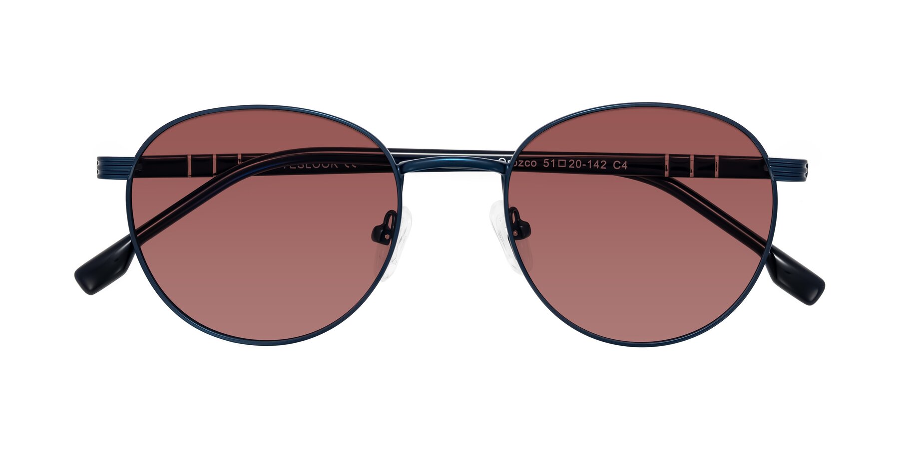 Folded Front of Orozco in Matte Blue/Blue with Garnet Tinted Lenses