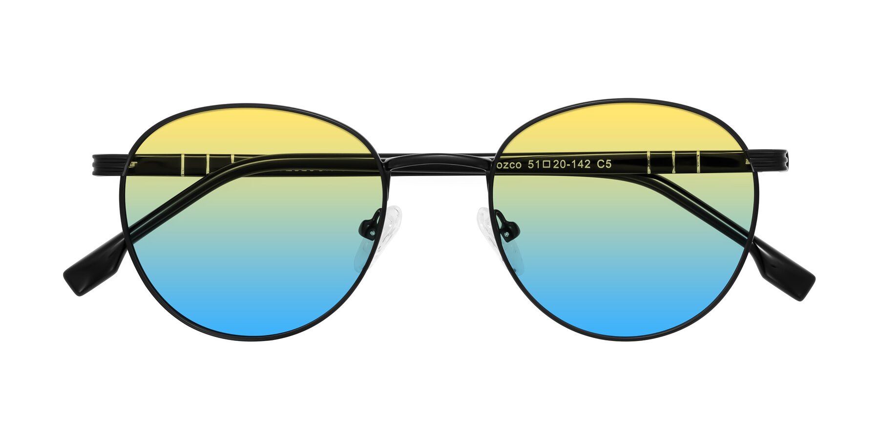 Folded Front of Orozco in Matte Black/Black with Yellow / Blue Gradient Lenses