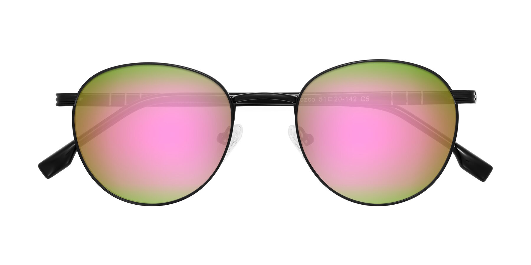 Folded Front of Orozco in Matte Black/Black with Pink Mirrored Lenses