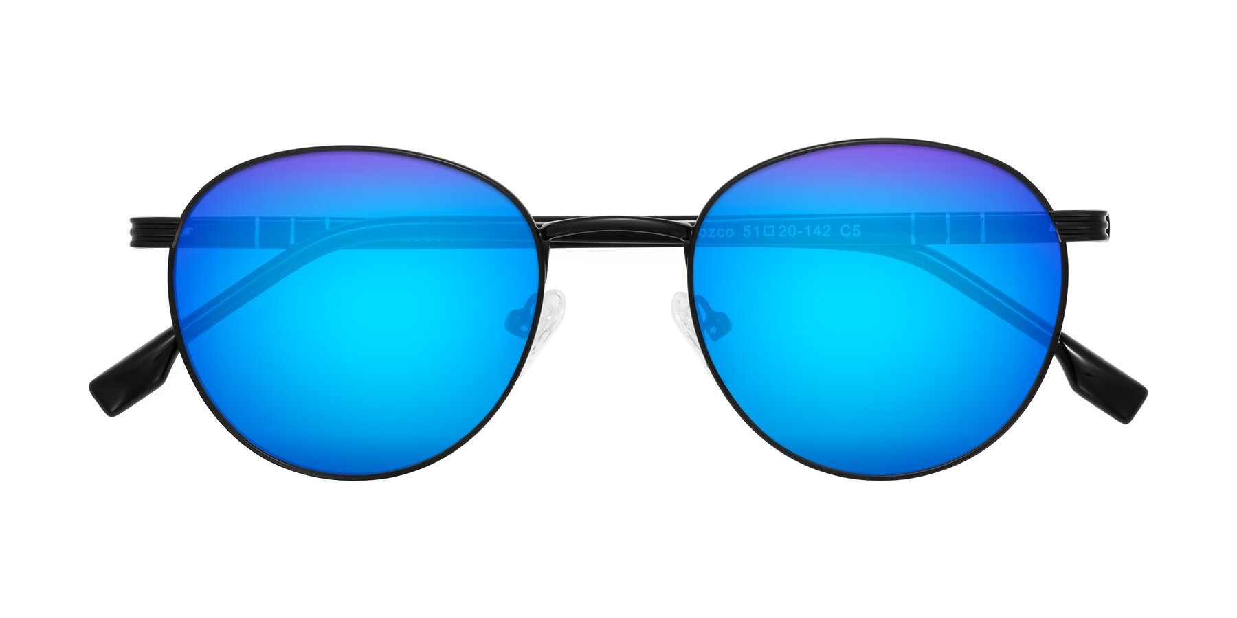 Folded Front of Orozco in Matte Black/Black with Blue Mirrored Lenses