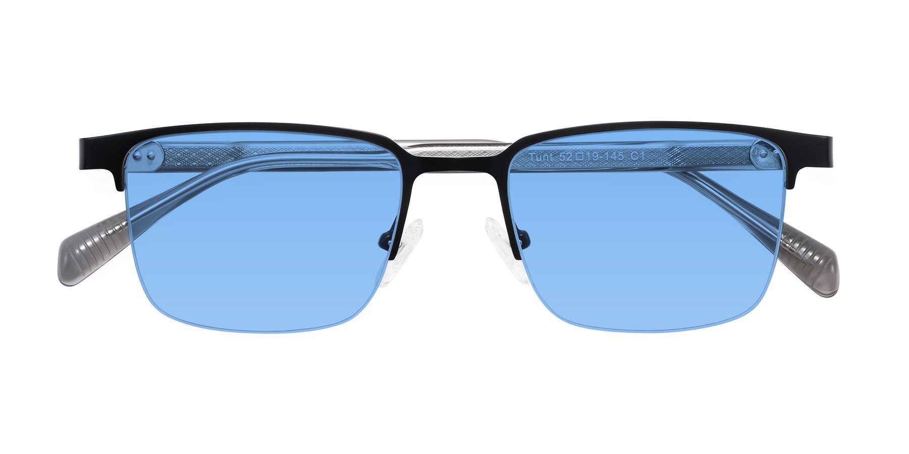 Folded Front of Tunt in Matte Black with Medium Blue Tinted Lenses