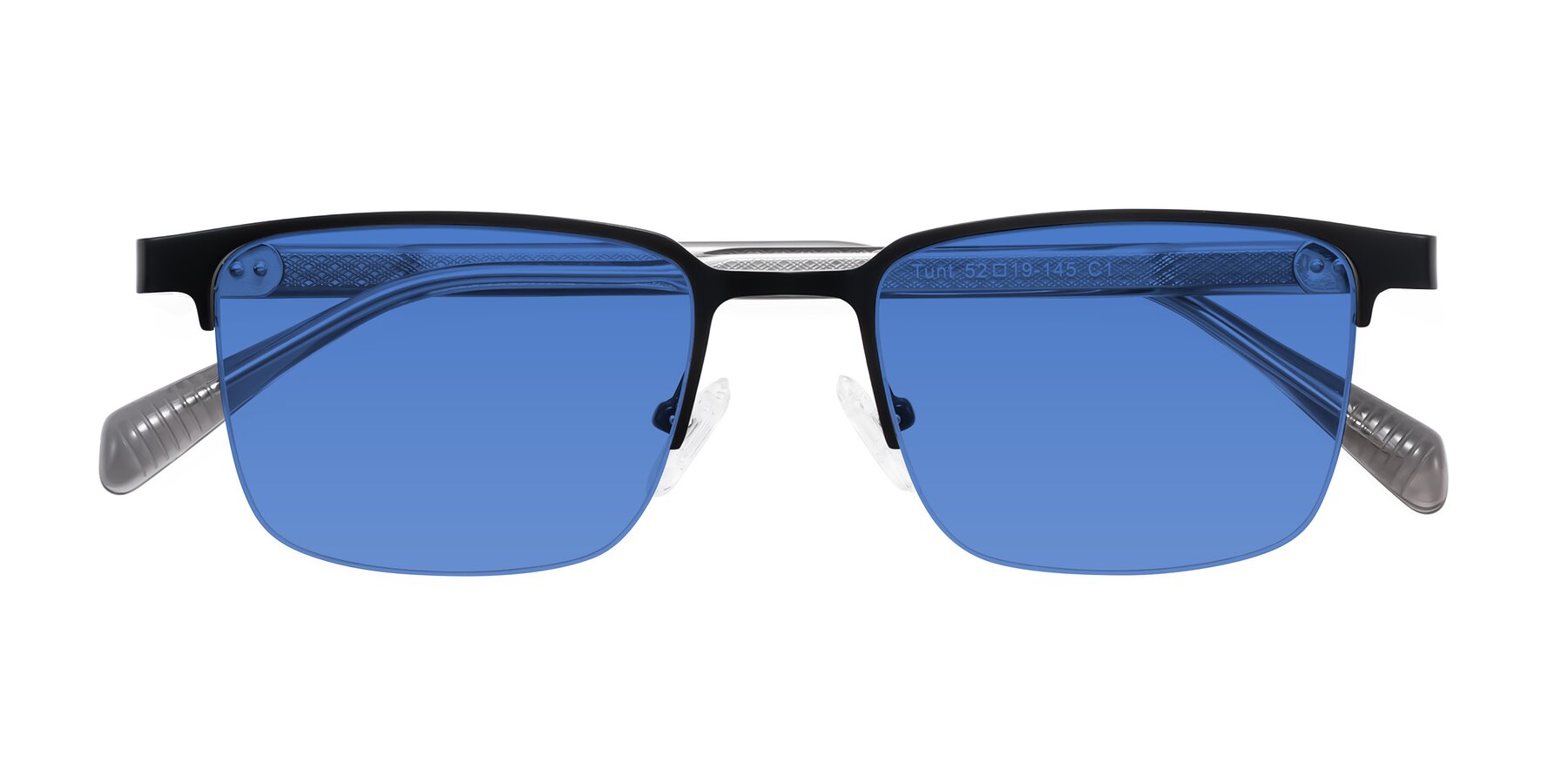 Folded Front of Tunt in Matte Black with Blue Tinted Lenses