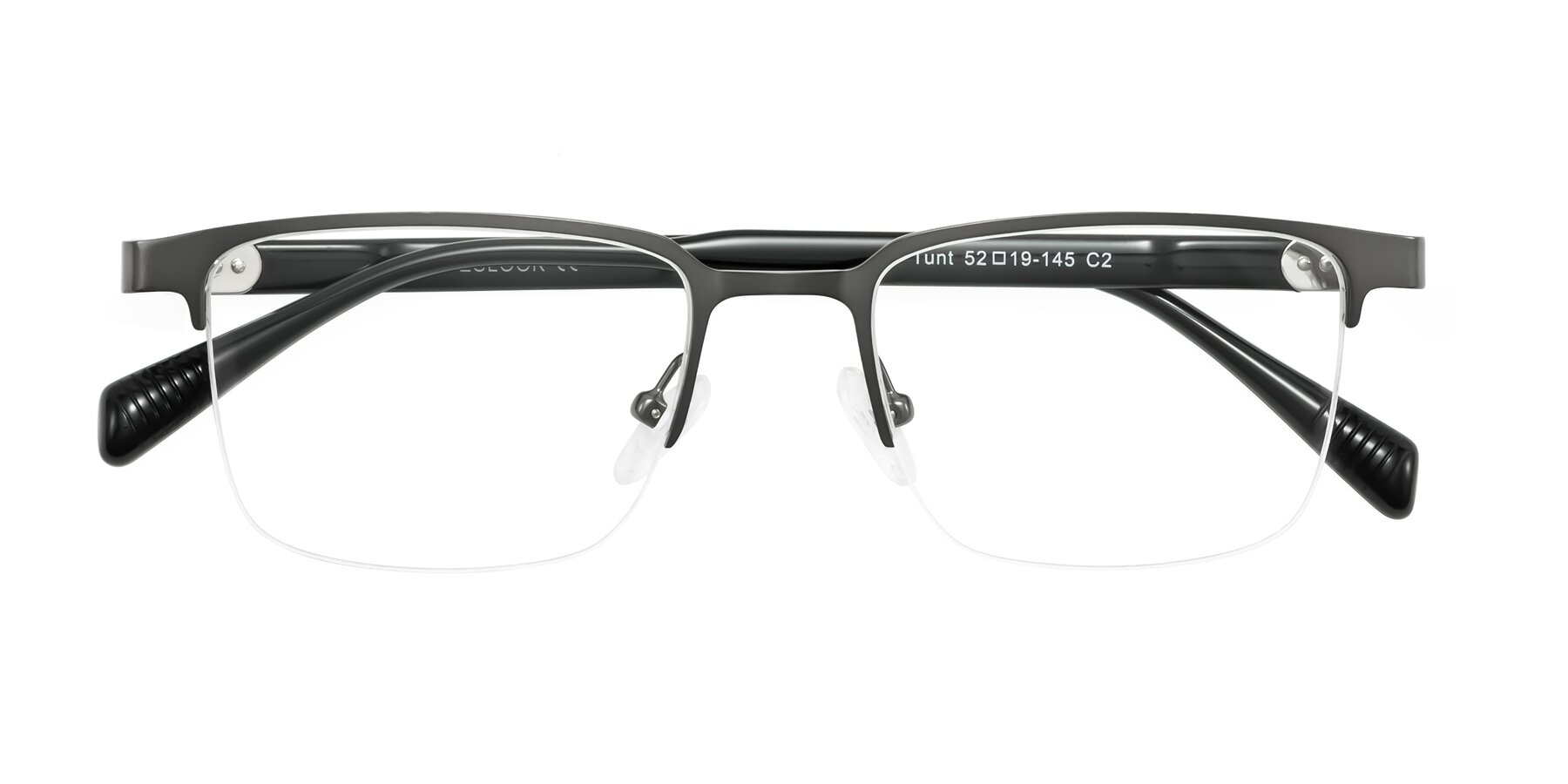 Folded Front of Tunt in Matte Gunmetal with Clear Eyeglass Lenses