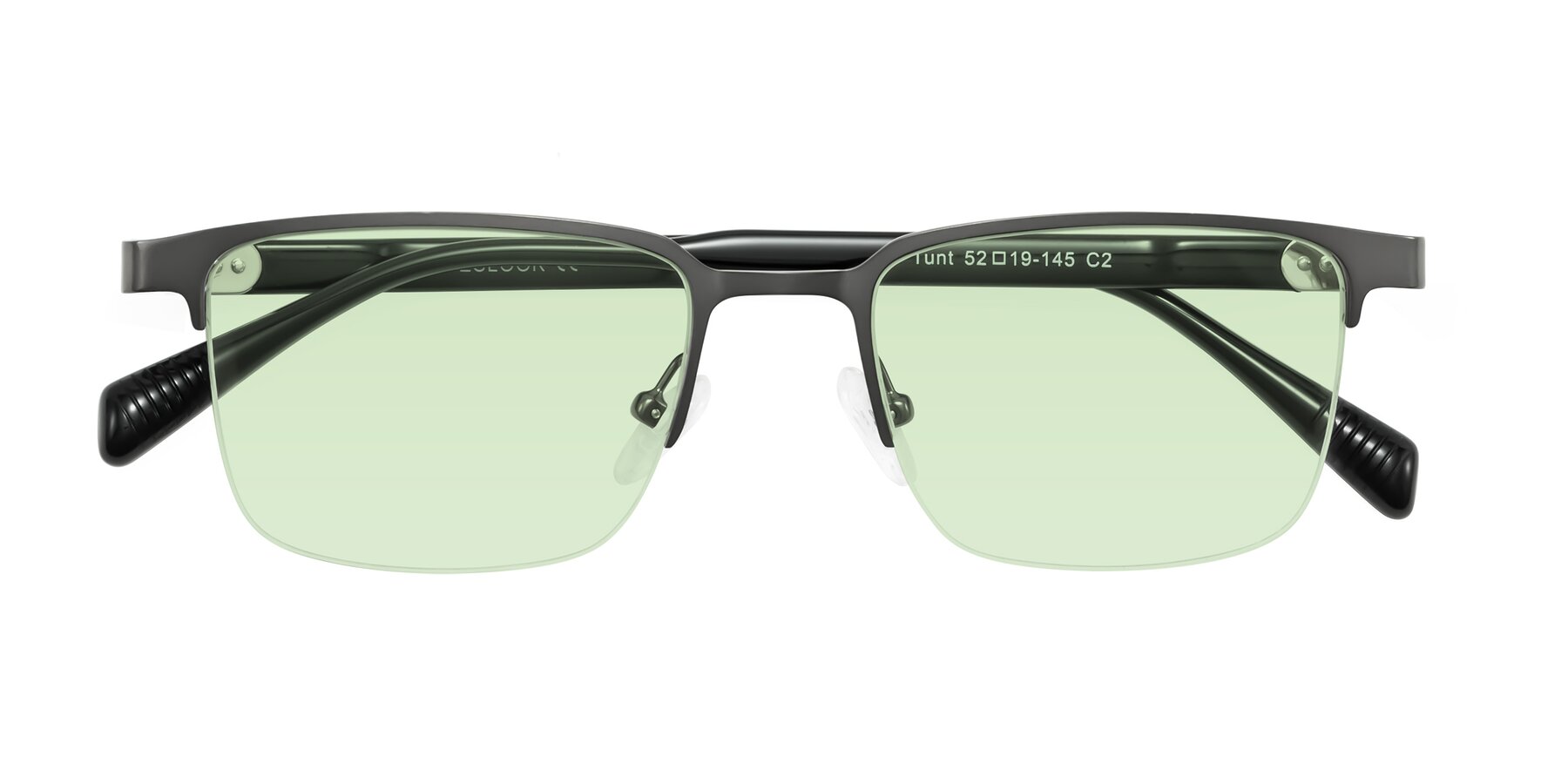 Folded Front of Tunt in Matte Gunmetal with Light Green Tinted Lenses