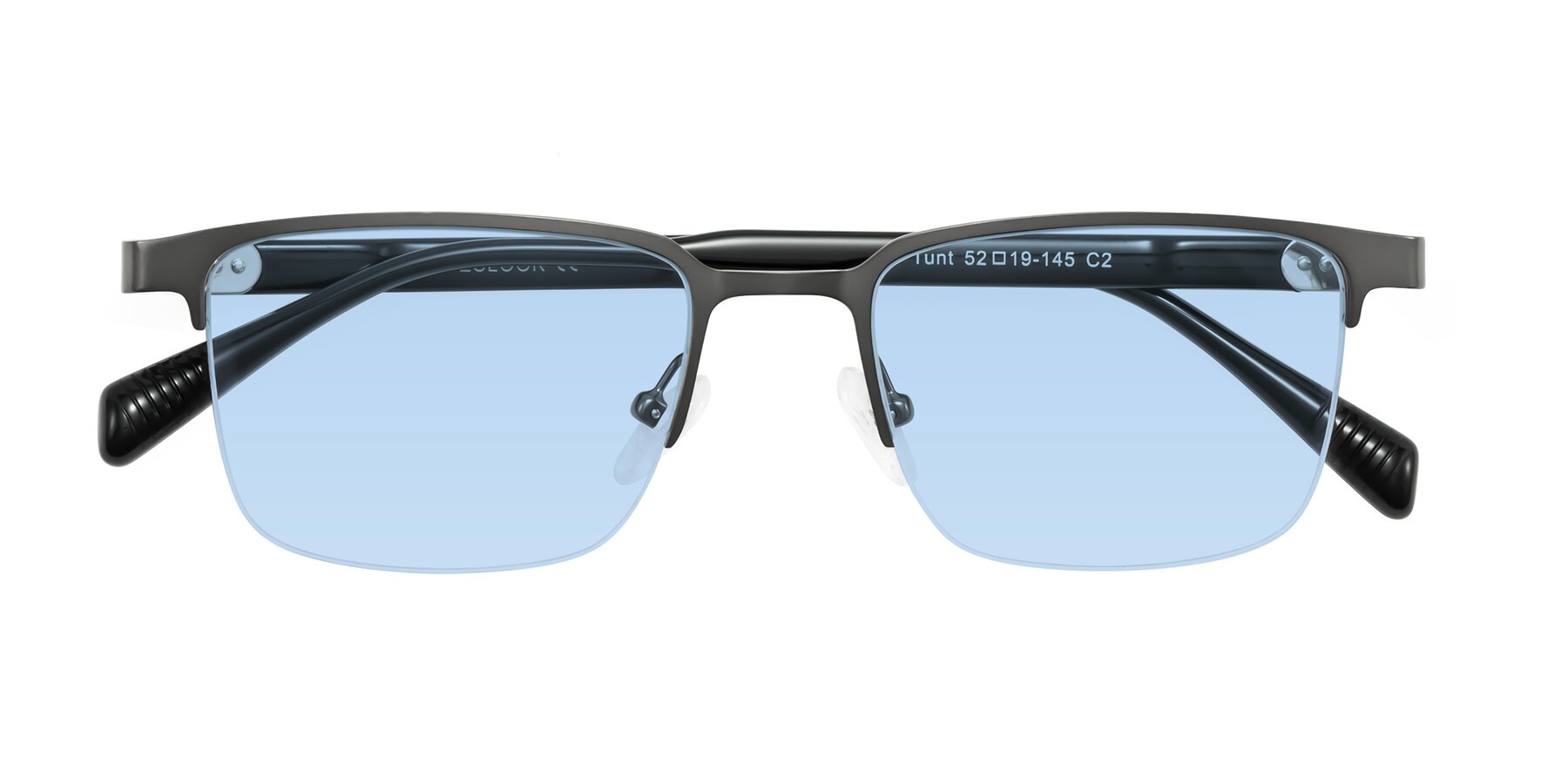 Folded Front of Tunt in Matte Gunmetal with Light Blue Tinted Lenses