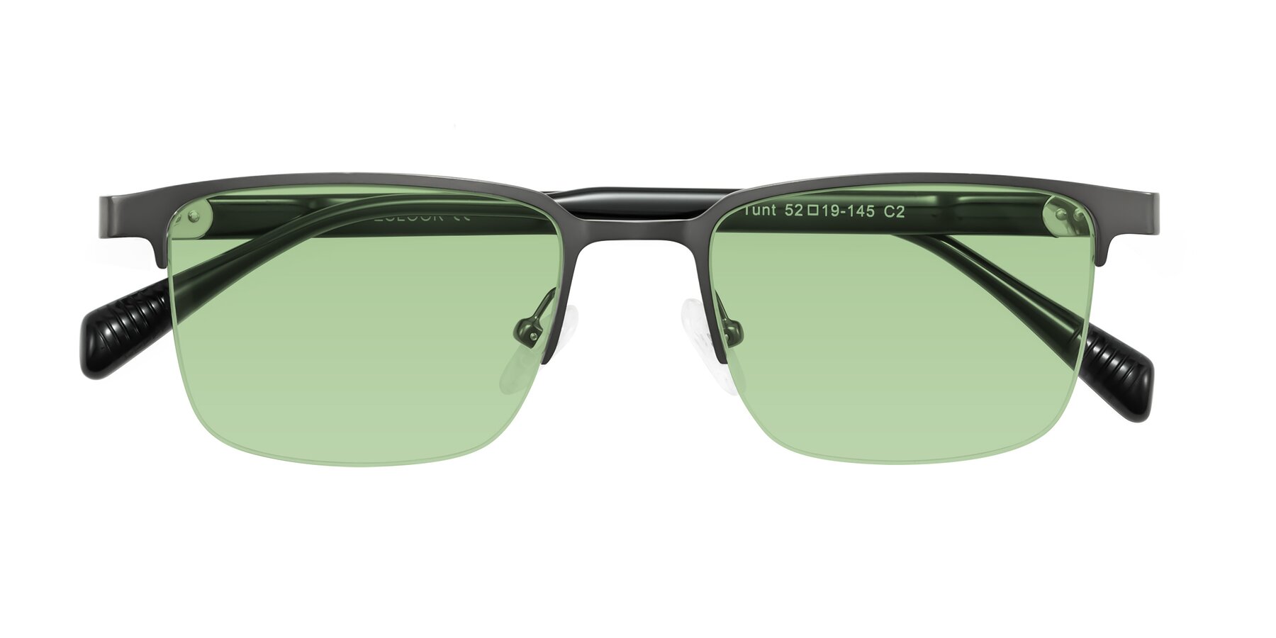 Folded Front of Tunt in Matte Gunmetal with Medium Green Tinted Lenses