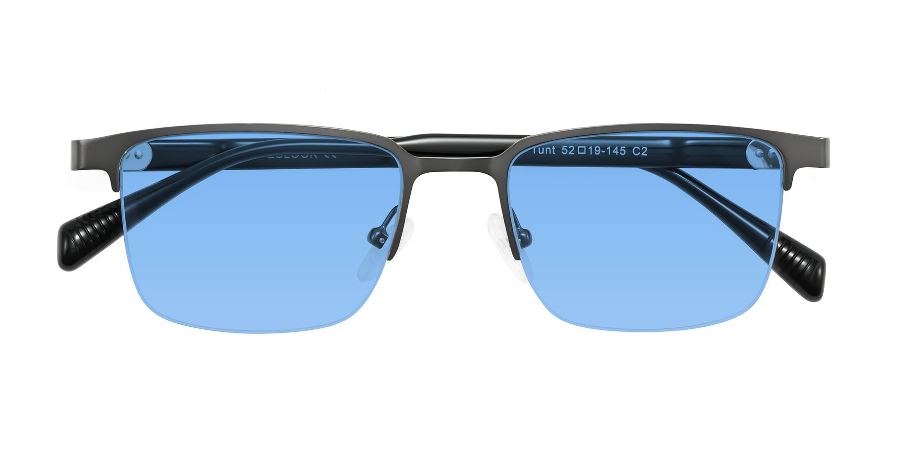 Folded Front of Tunt in Matte Gunmetal with Medium Blue Tinted Lenses