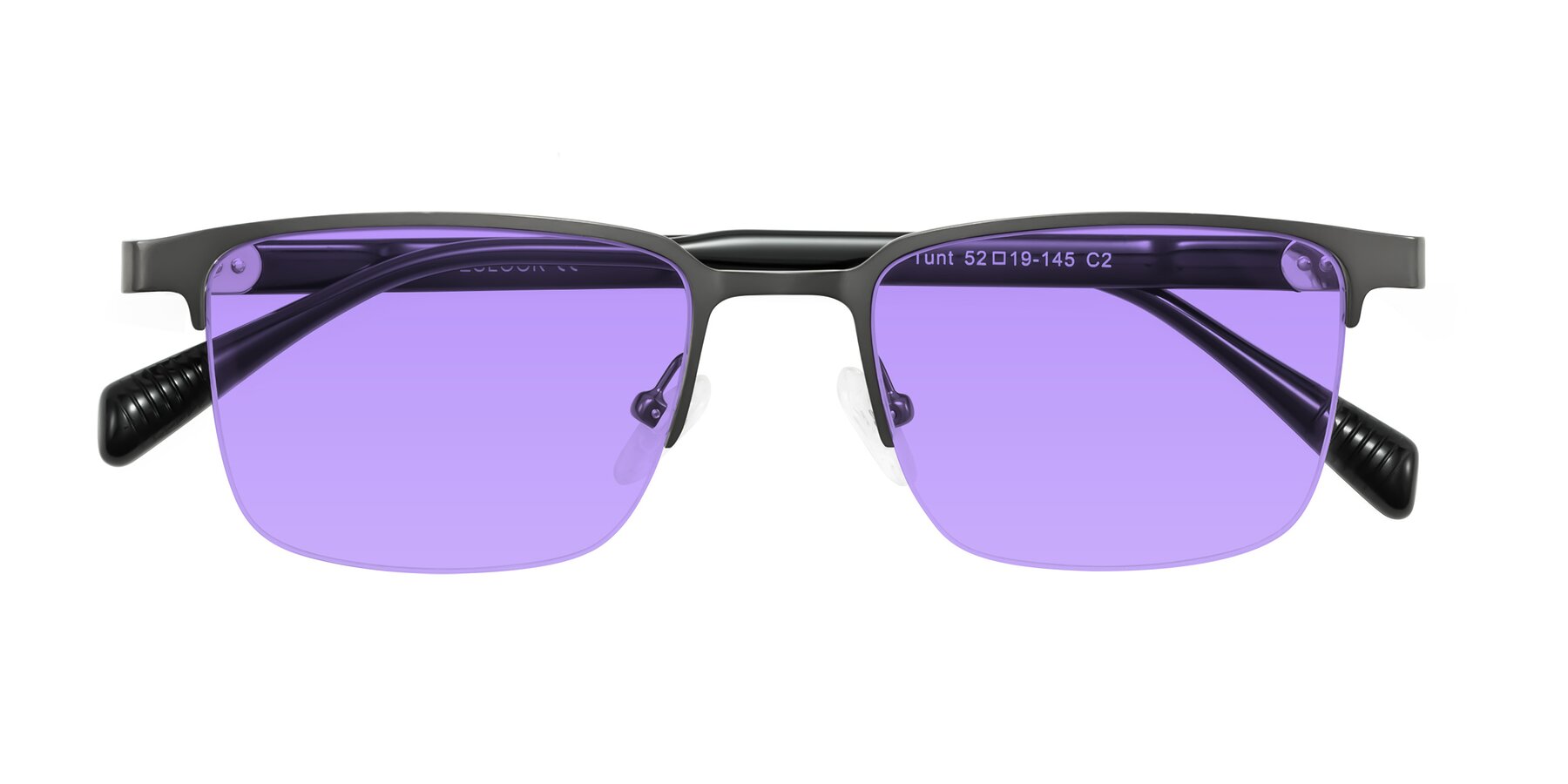 Folded Front of Tunt in Matte Gunmetal with Medium Purple Tinted Lenses