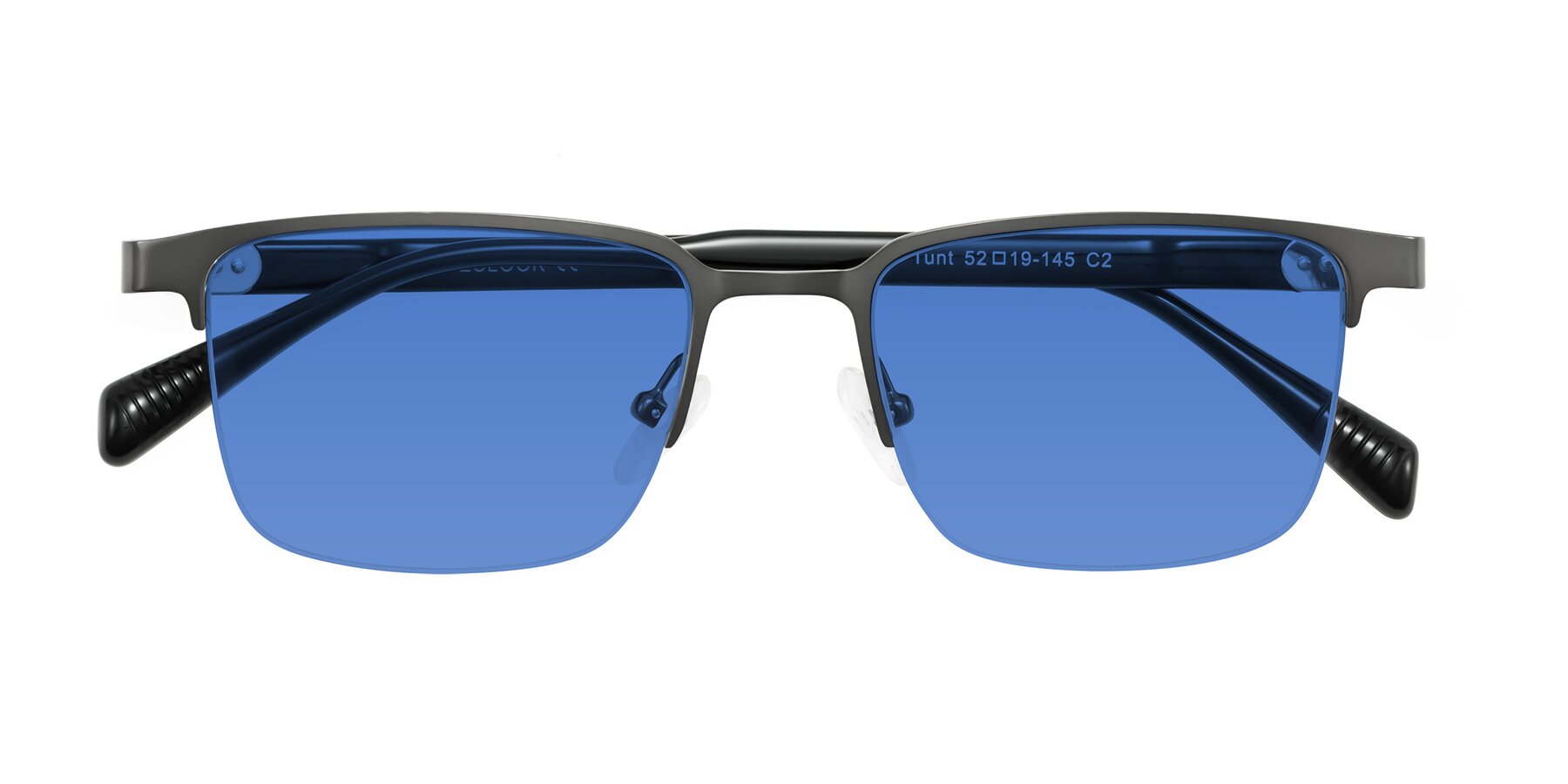 Folded Front of Tunt in Matte Gunmetal with Blue Tinted Lenses