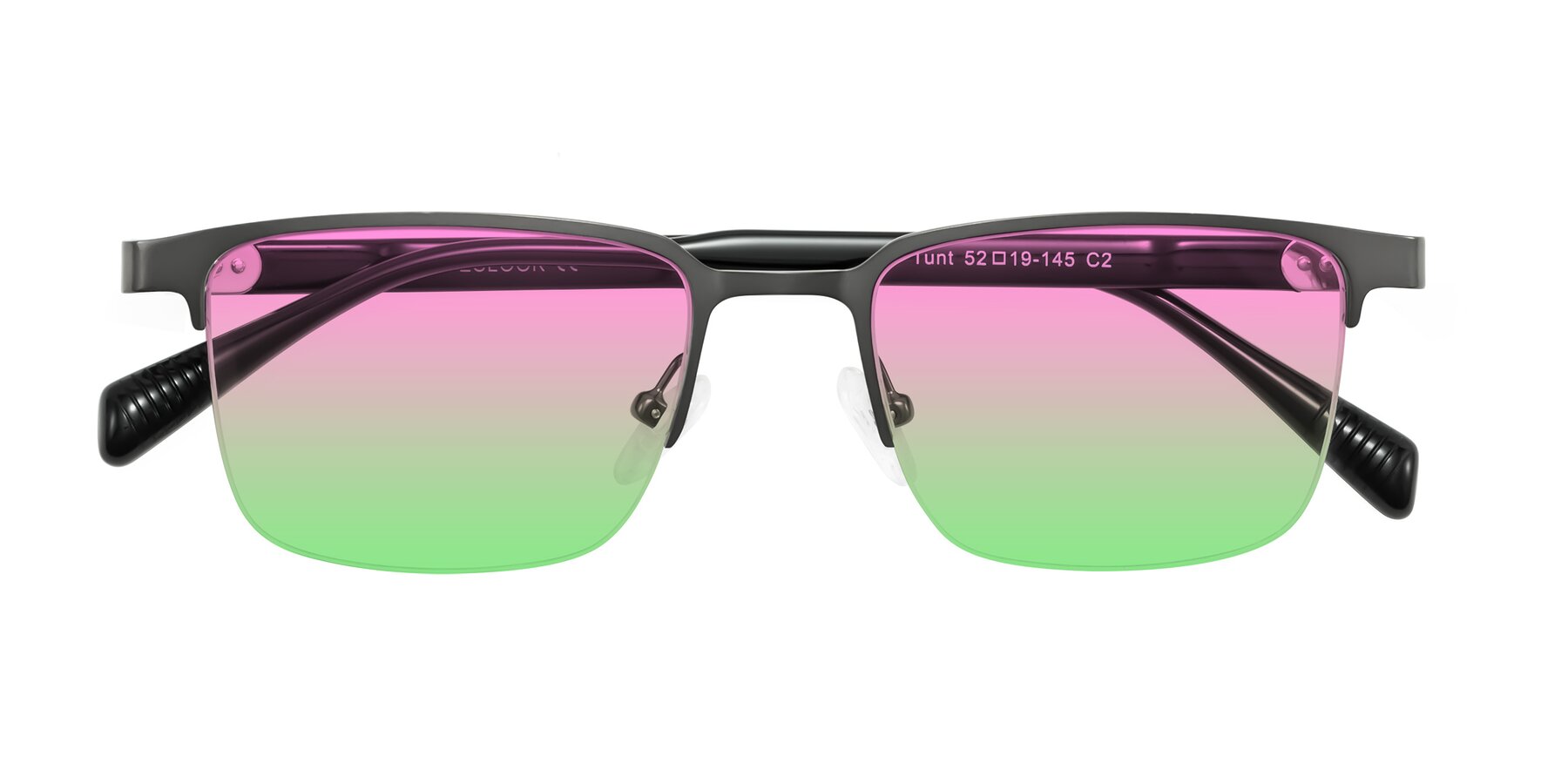 Folded Front of Tunt in Matte Gunmetal with Pink / Green Gradient Lenses