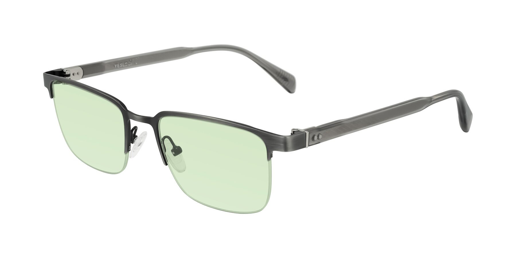Angle of Tunt in Brushed Silver with Light Green Tinted Lenses