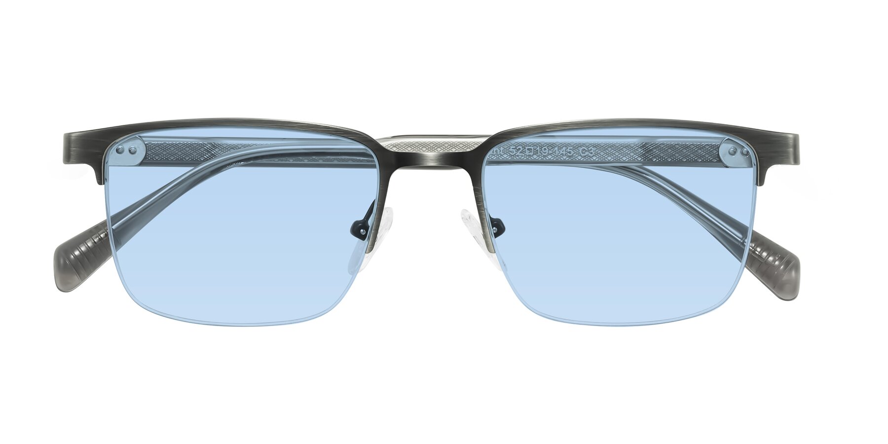 Folded Front of Tunt in Brushed Silver with Light Blue Tinted Lenses