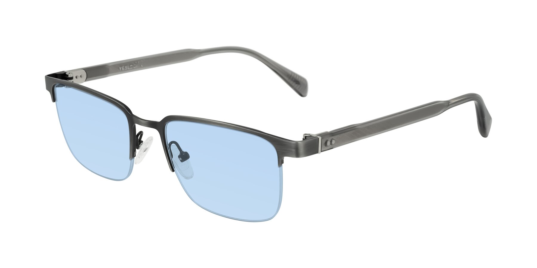 Angle of Tunt in Brushed Silver with Light Blue Tinted Lenses