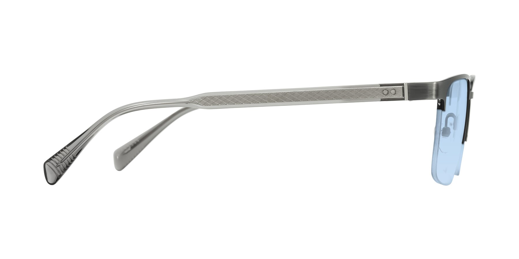 Side of Tunt in Brushed Silver with Light Blue Tinted Lenses